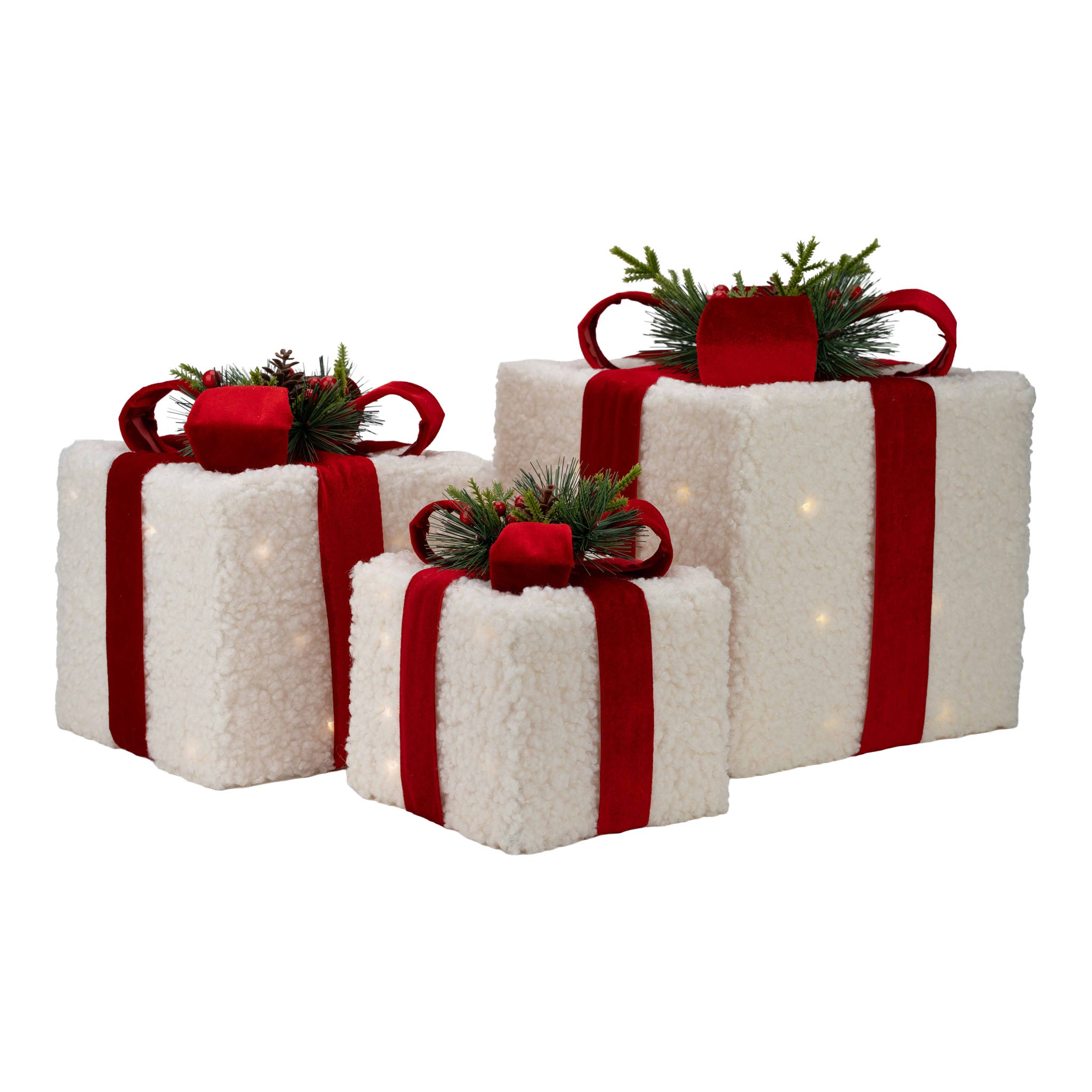 White Red Bow LED Gift Box Set of 3 - Seasonal Decor