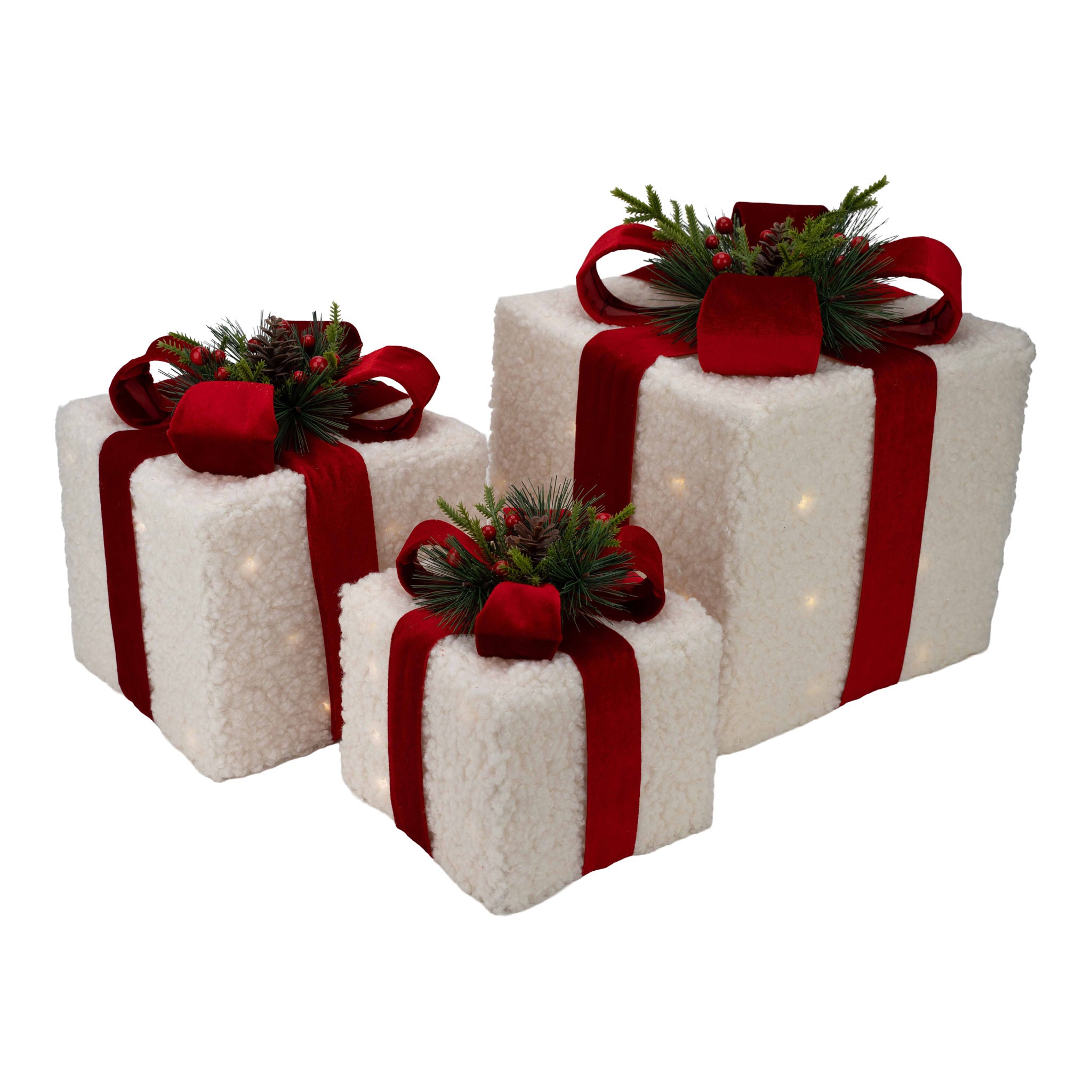 White Red Bow LED Gift Box Set of 3 - Seasonal Decor