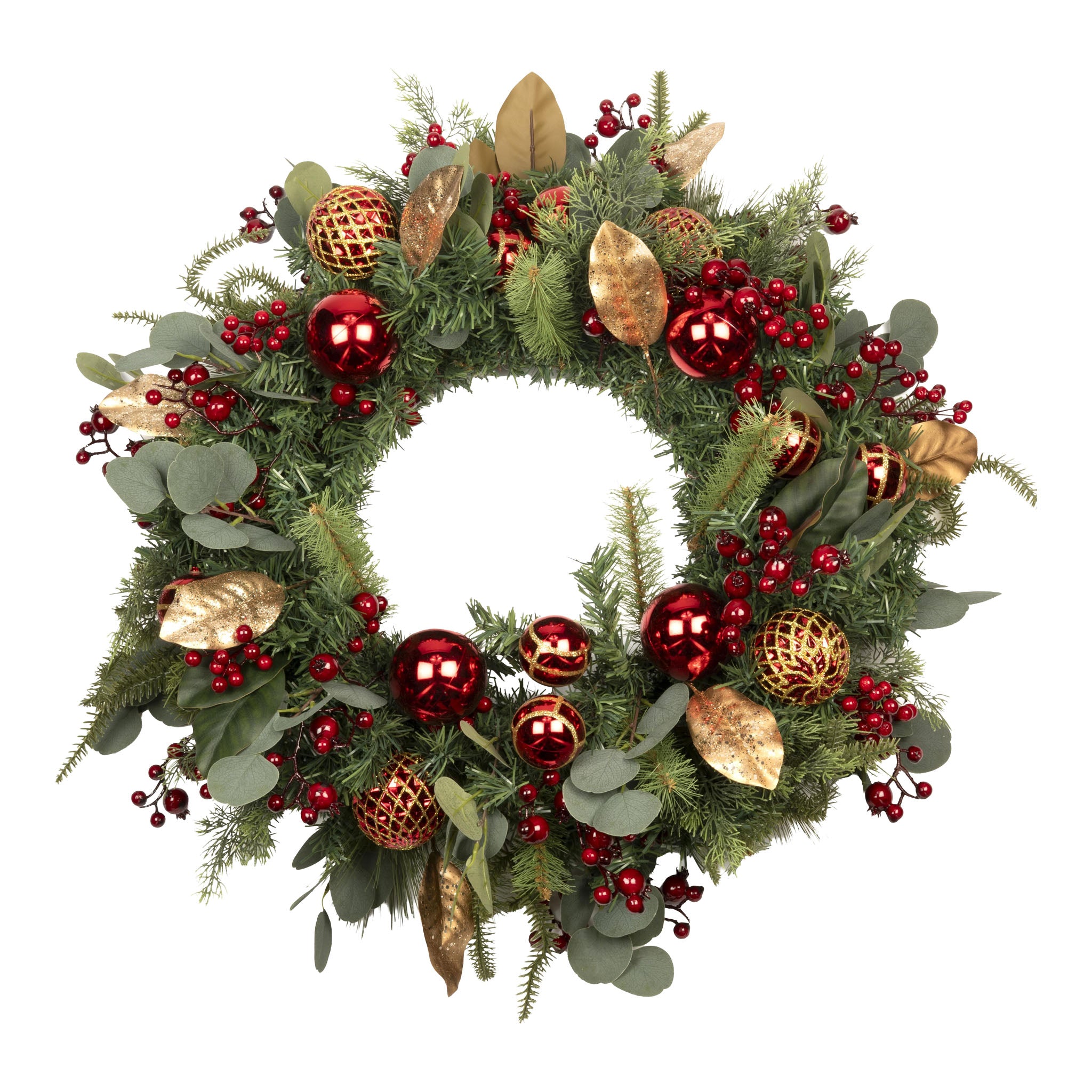 70cm Red Bauble Leaf Wreath - Seasonal Decor