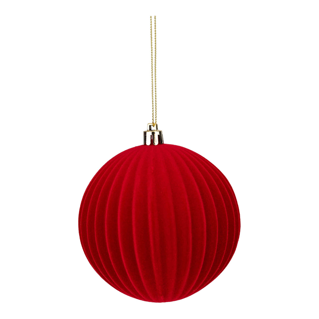 10cm Set of 6 Lined Flocked Red Ball - Seasonal Decor