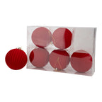 10cm Set of 6 Lined Flocked Red Ball - Seasonal Decor