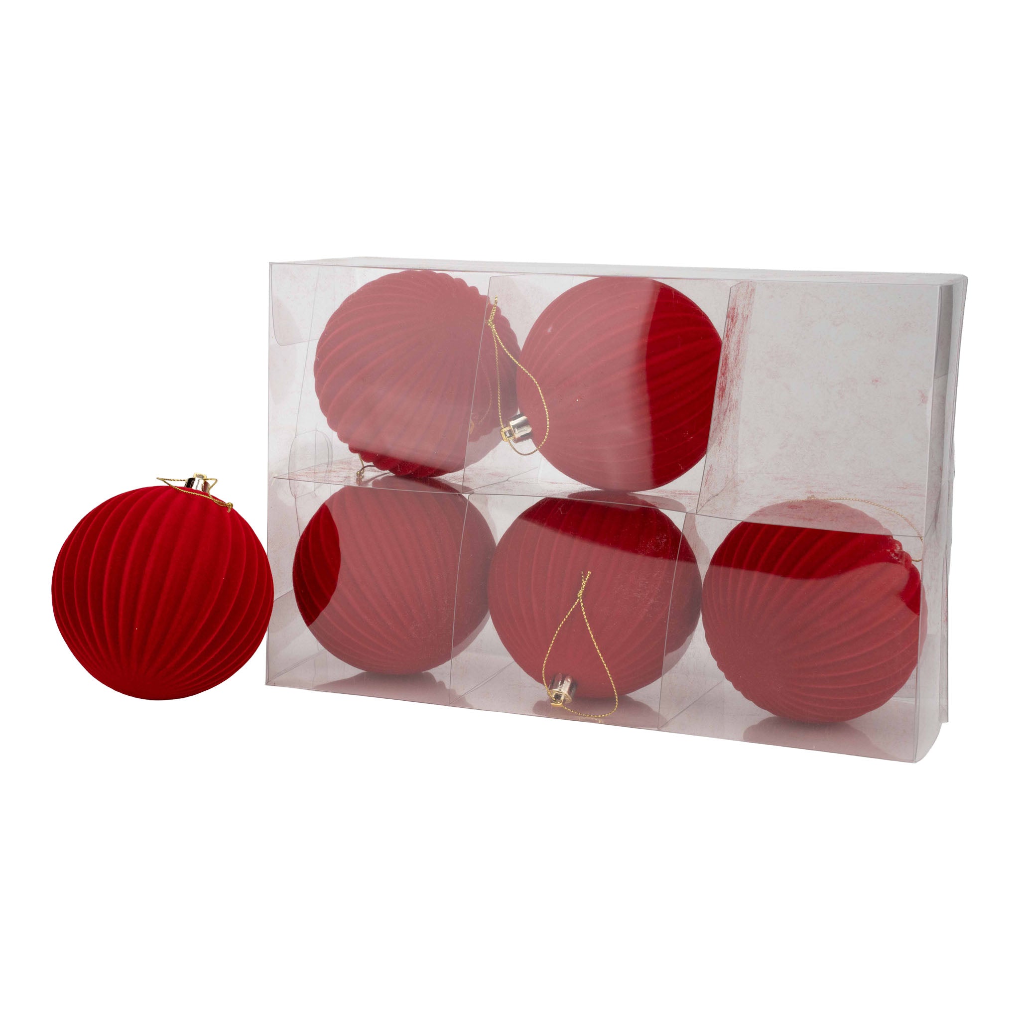 10cm Set of 6 Lined Flocked Red Ball - Seasonal Decor