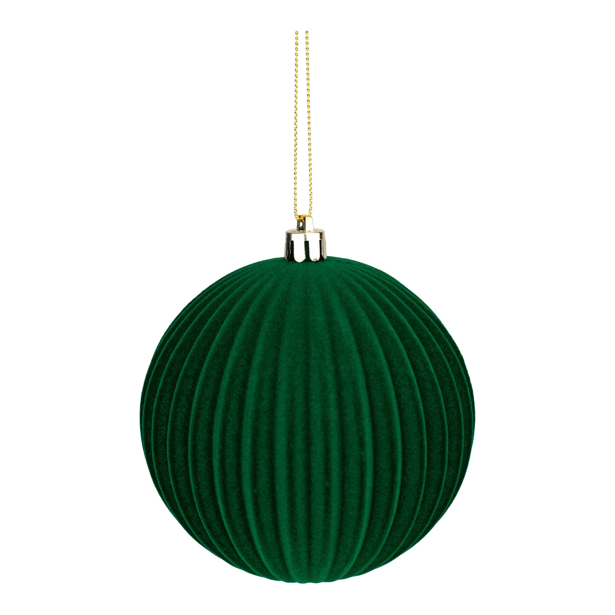 10cm Set of 6 Lined Flocked Green Ball - Seasonal Decor