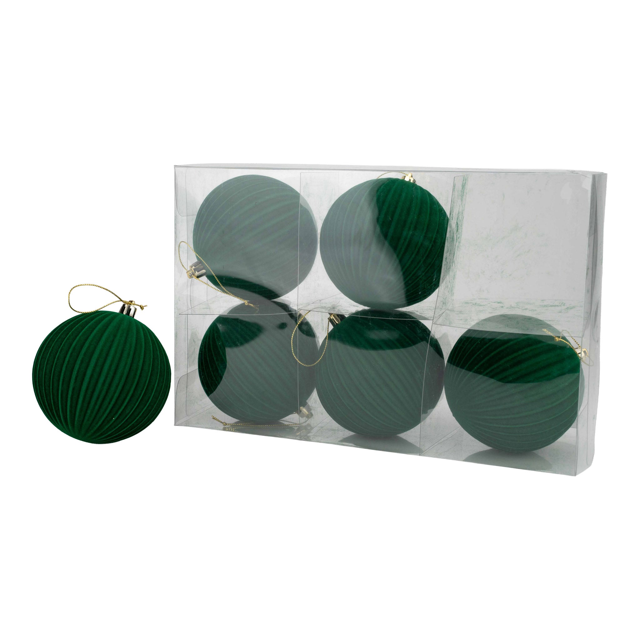 10cm Set of 6 Lined Flocked Green Ball - Seasonal Decor