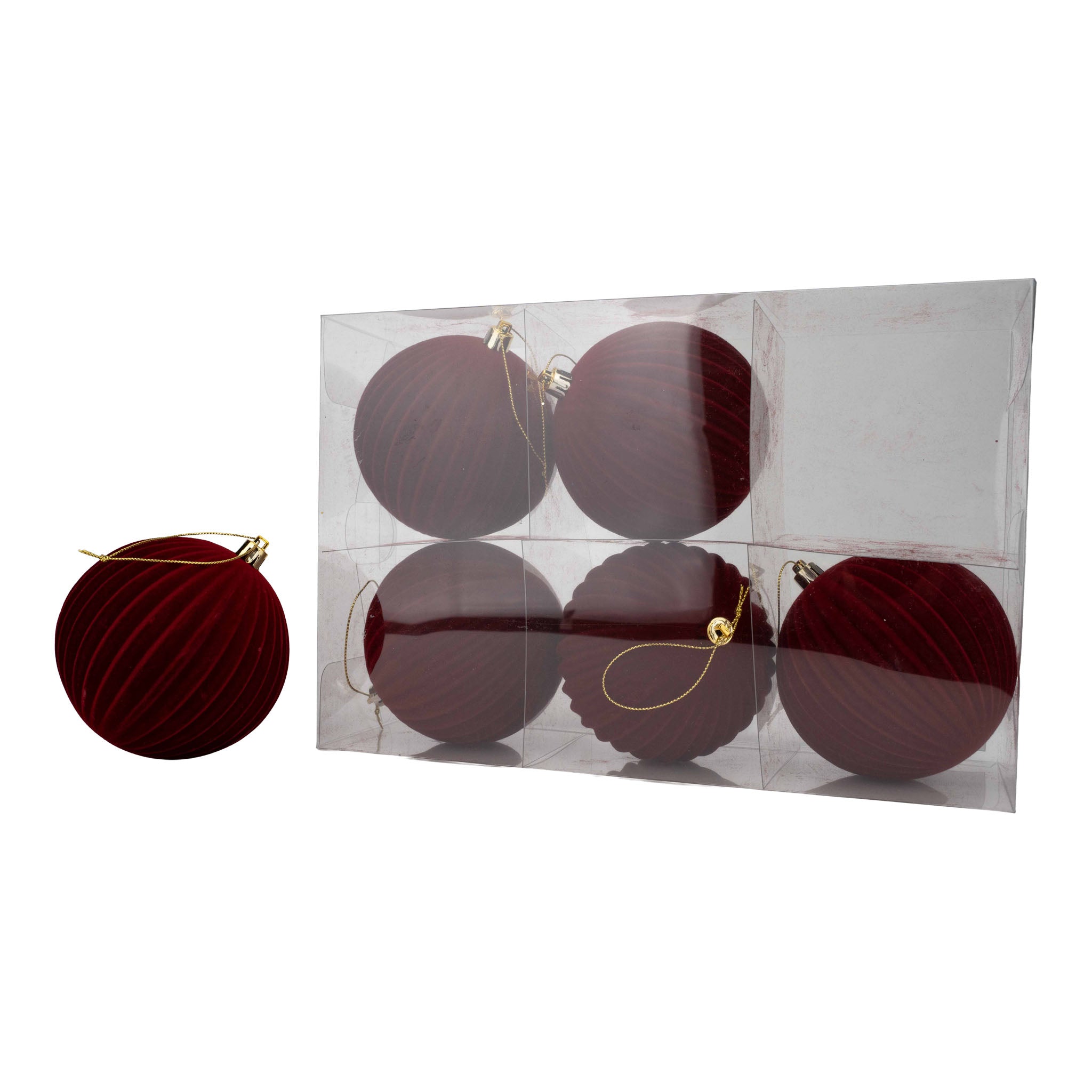 10cm Set of 6 Lined Flocked Burgundy Ball - Seasonal Decor