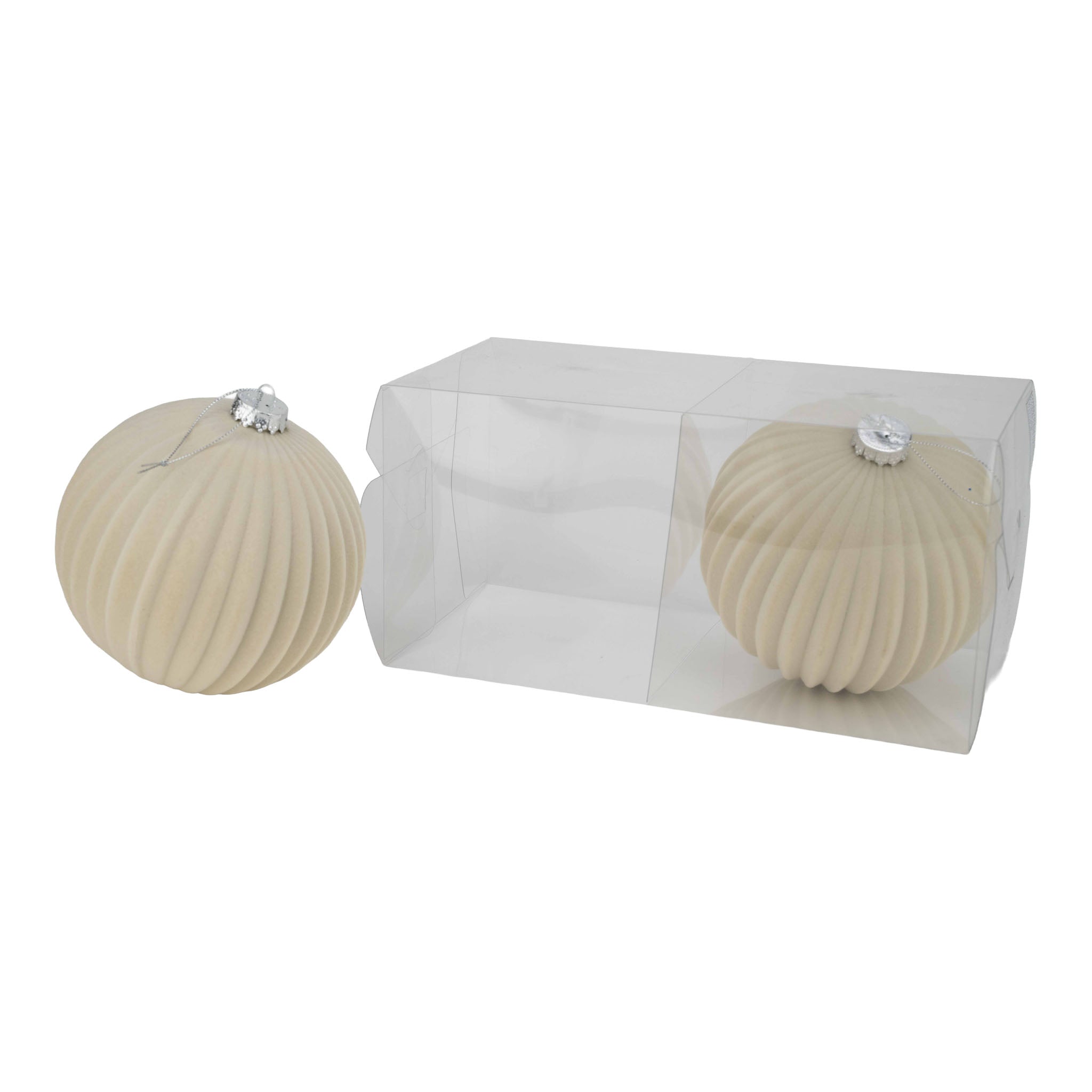 15cm Set of 2 Lined Flocked Ivory Ball - Seasonal Decor