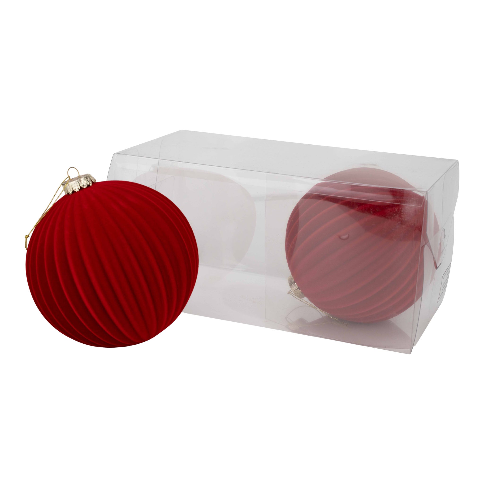 15cm Set of 2 Lined Flocked Red Ball - Seasonal Decor