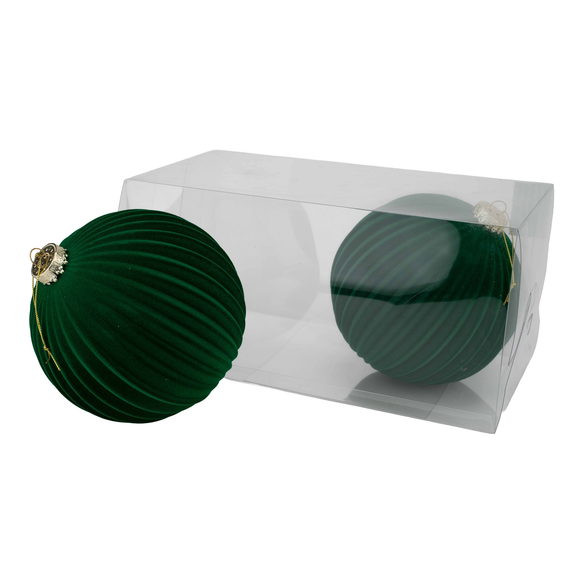 15cm Set of 2 Lined Flocked Green Ball - Seasonal Decor