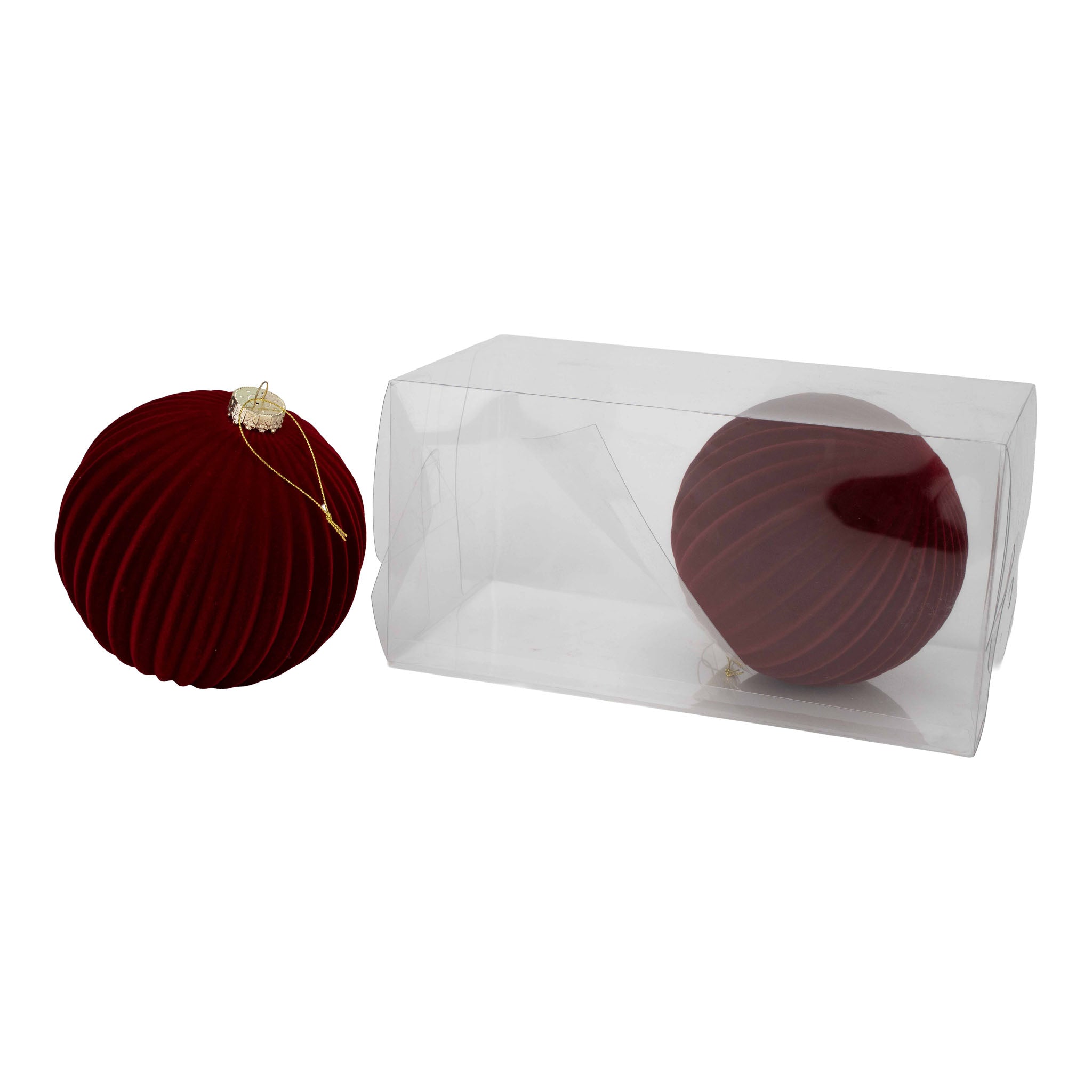 15cm Set of 2 Lined Flocked Burgundy Ball - Seasonal Decor