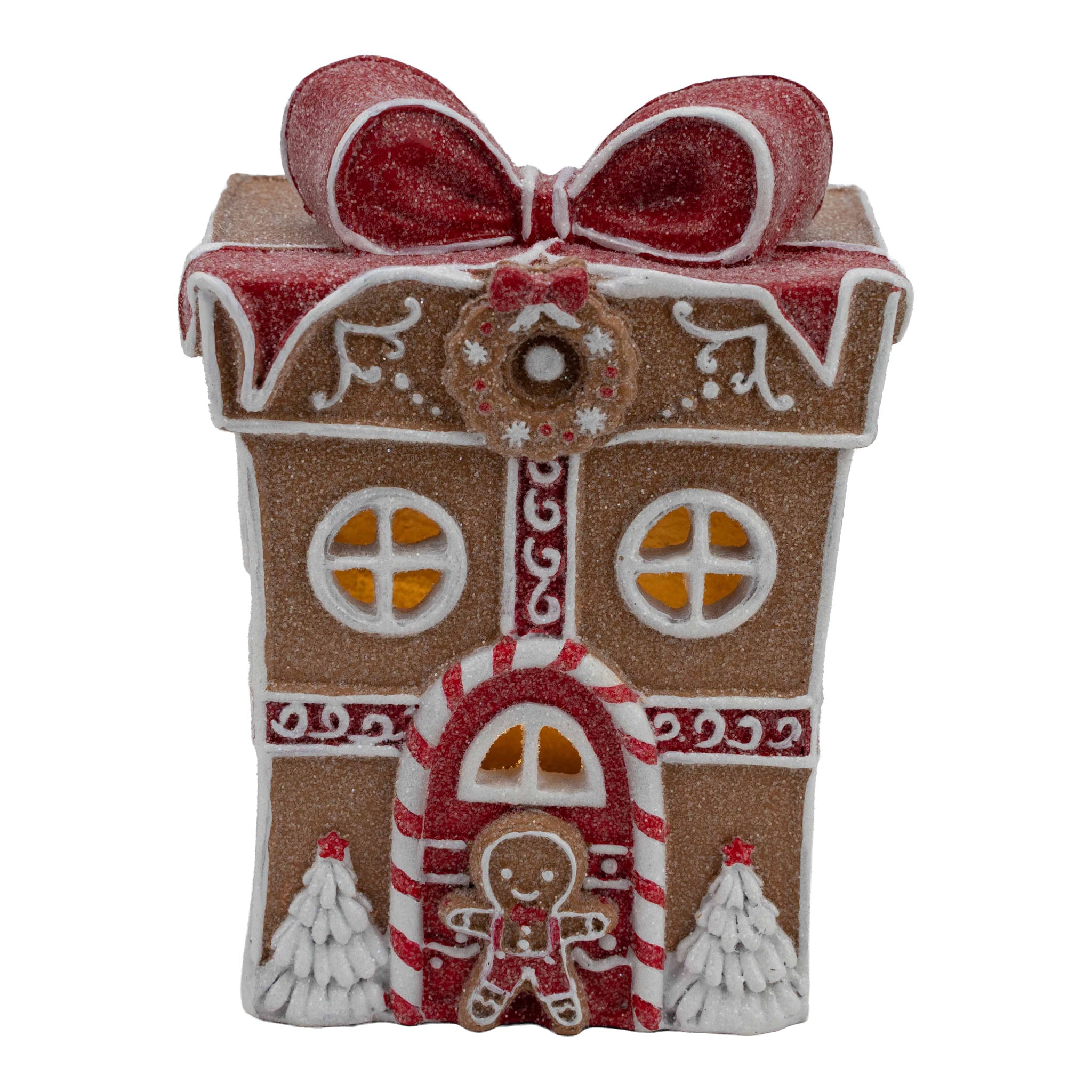 15cm Gingerbread Red White LED Gift Box House - Seasonal Decor