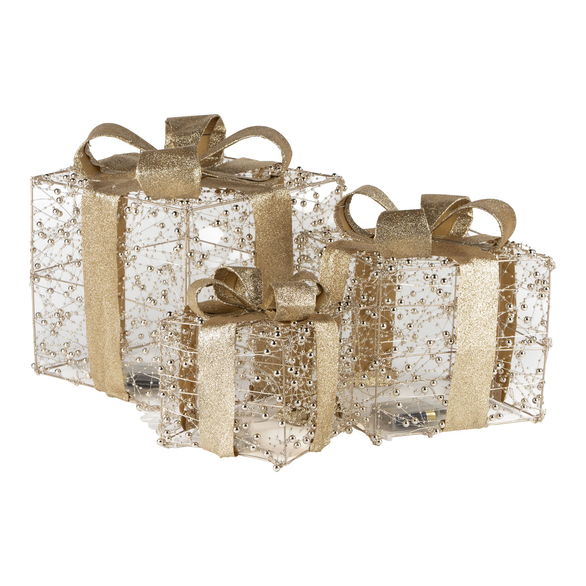 Square Illuminated Gold Beaded Gift Boxes Set of 3 with LED - Seasonal Decor
