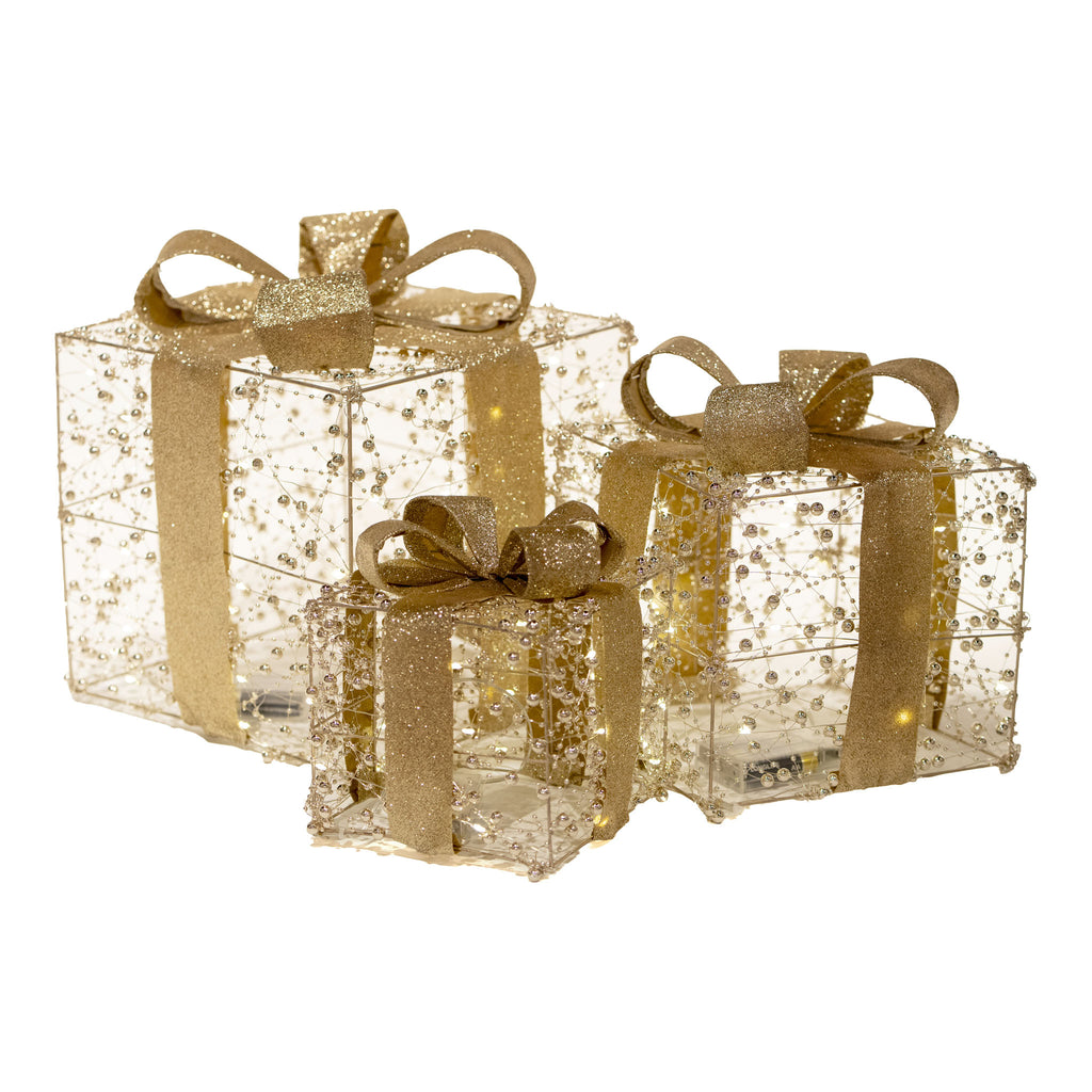 Square Illuminated Gold Beaded Gift Boxes Set of 3 with LED - Seasonal Decor