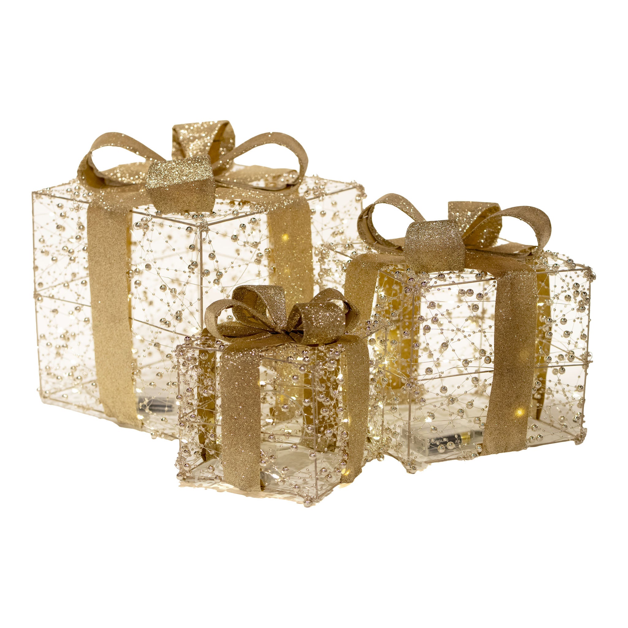 Square Illuminated Gold Beaded Gift Boxes Set of 3 with LED - Seasonal Decor