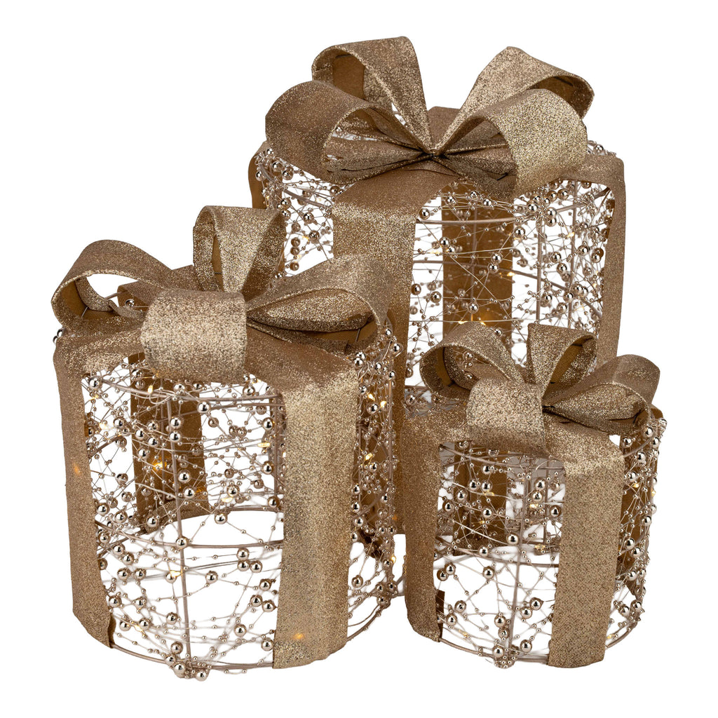 Round Illuminated Gold Beaded Gift Boxes Set of 3 with LED - Seasonal Decor