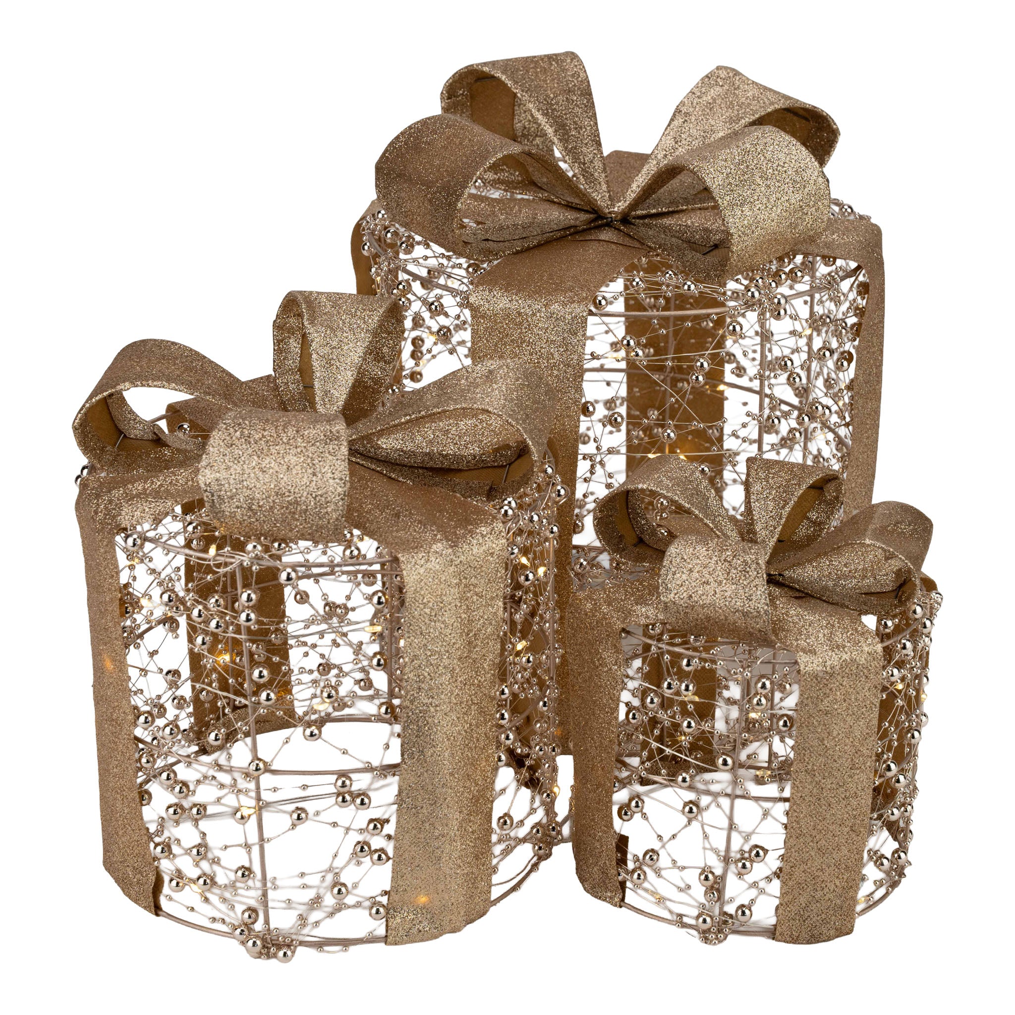 Round Illuminated Gold Beaded Gift Boxes Set of 3 with LED - Seasonal Decor
