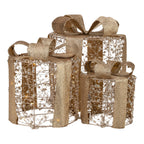 Round Illuminated Gold Beaded Gift Boxes Set of 3 with LED - Seasonal Decor