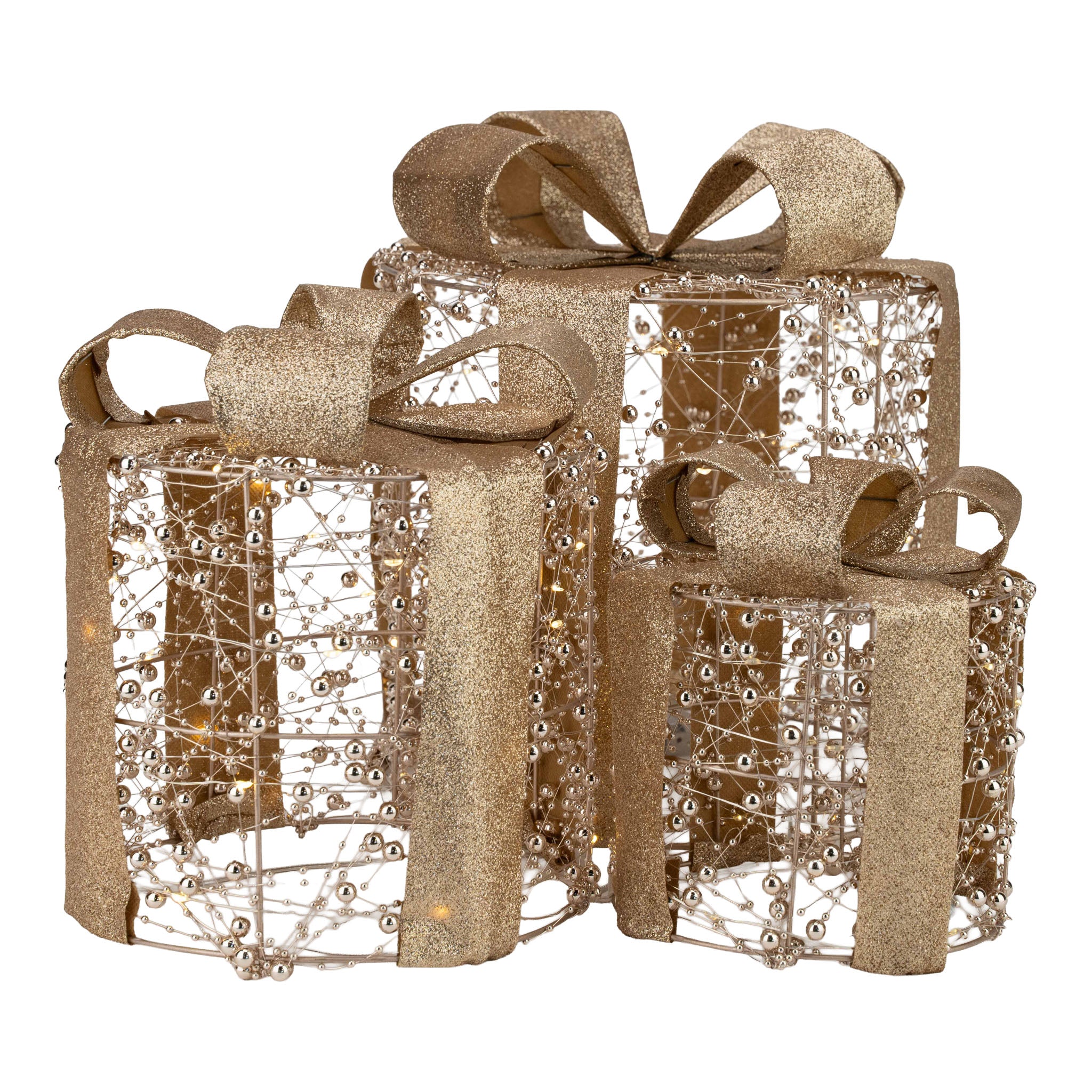 Round Illuminated Gold Beaded Gift Boxes Set of 3 with LED - Seasonal Decor