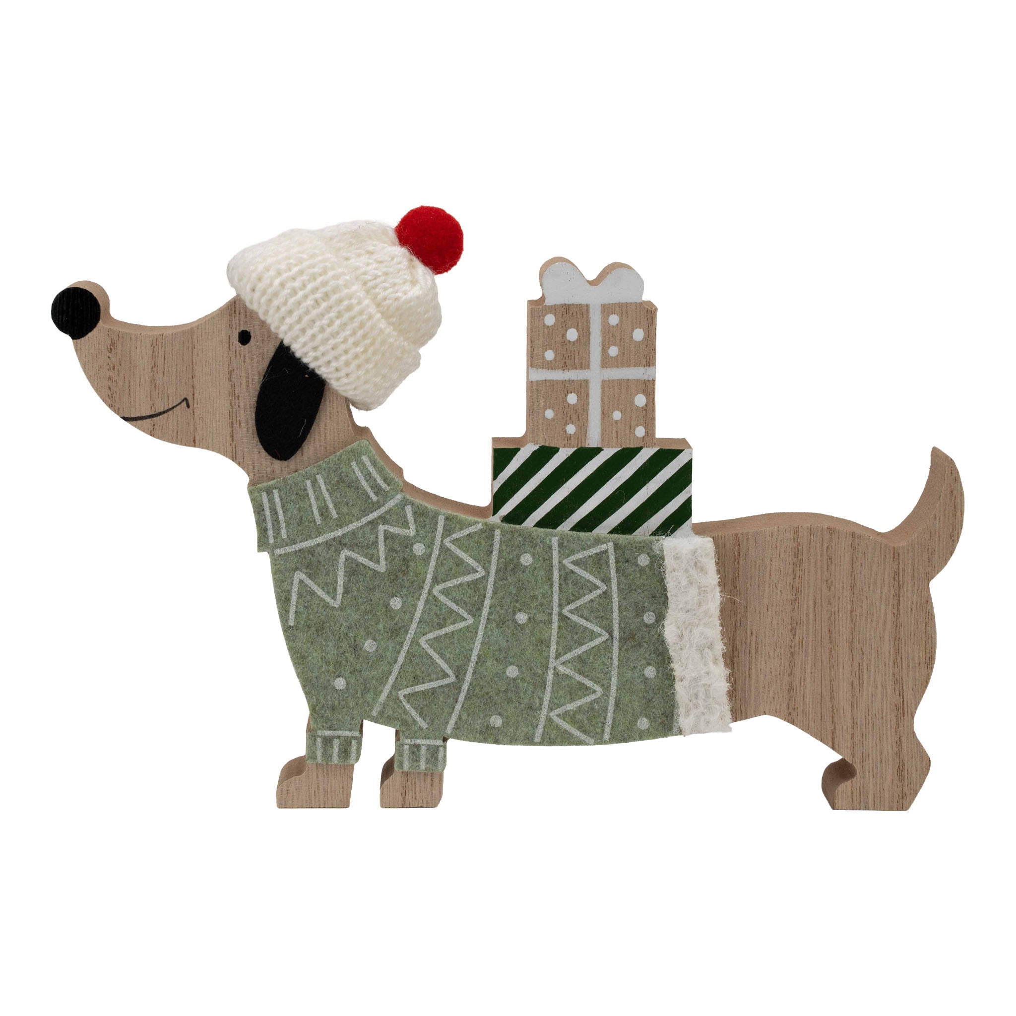 30cm Sage Green Dog with Gifts - Seasonal Decor
