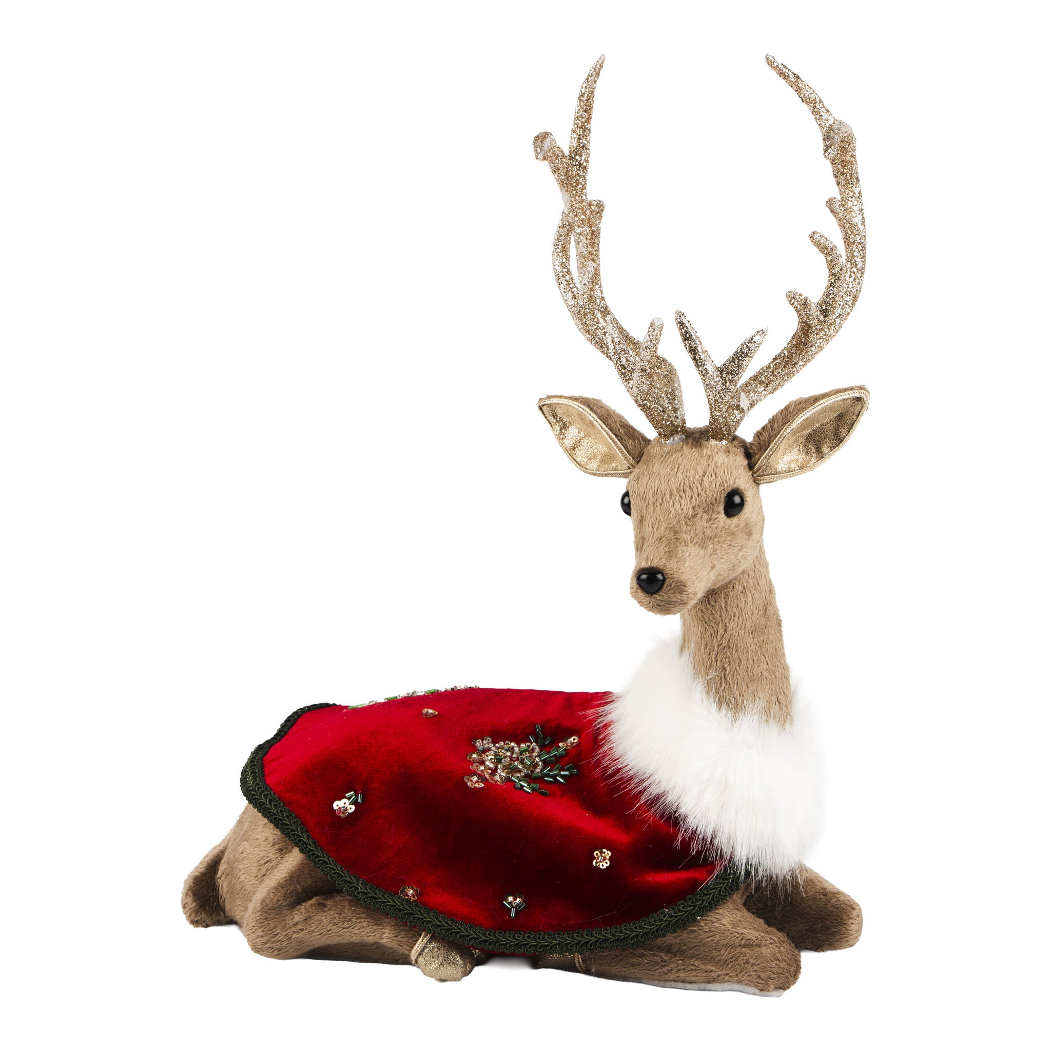 42cm Sitting Reindeer Beaded Floral Coat - Seasonal Decor