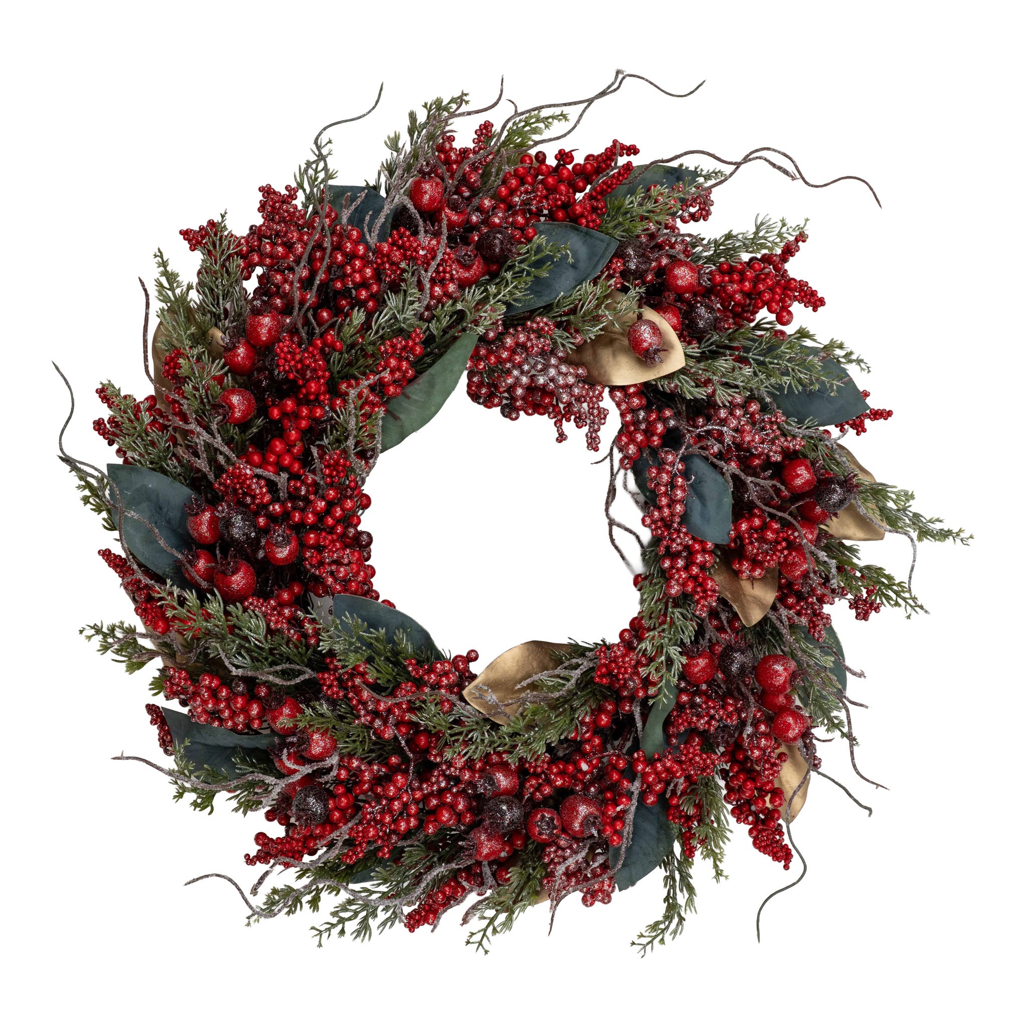 50cm Glittered Red Berry Magnolia Leaf Wreath - Seasonal Decor