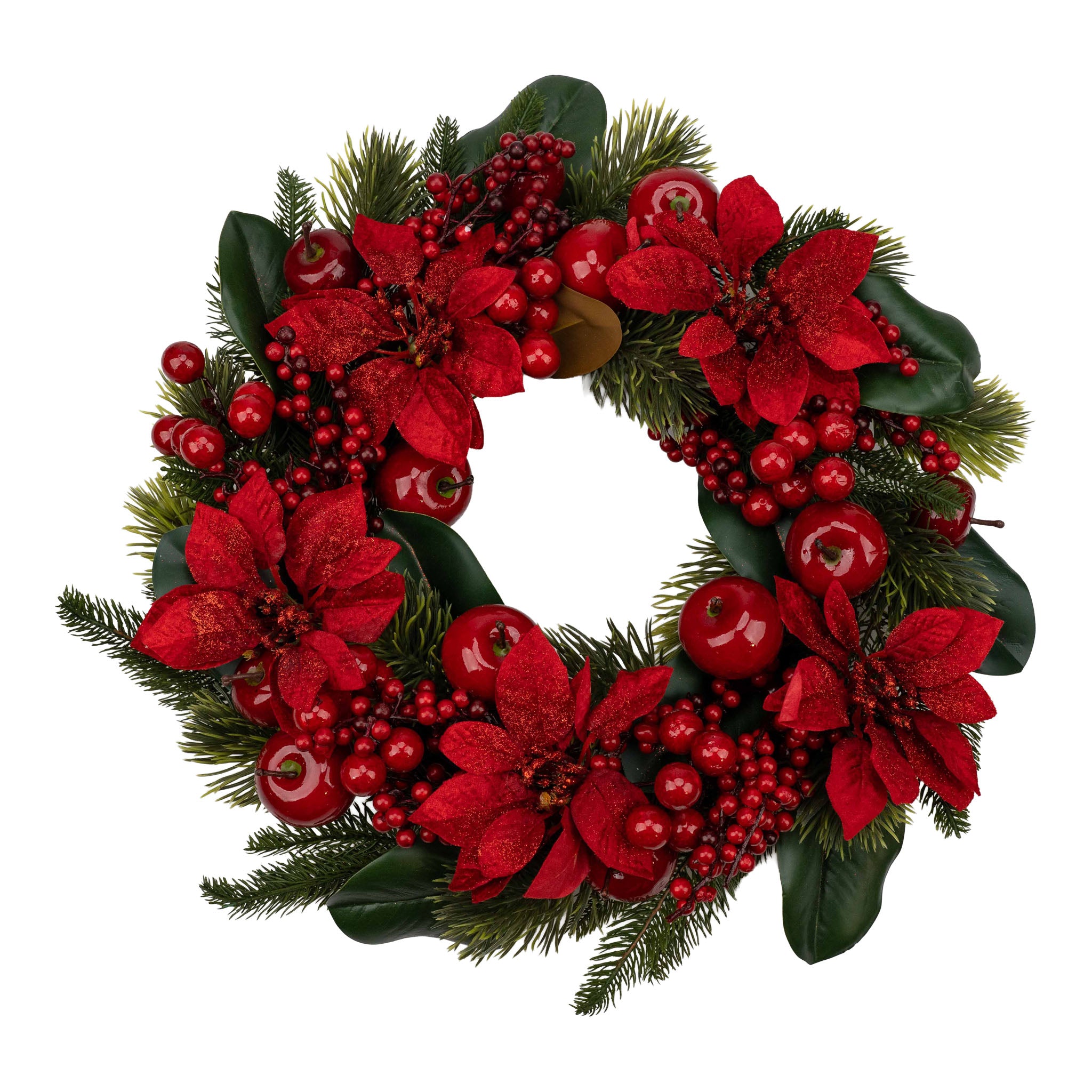 55cm Red Poinsettia & Apple Wreath - Seasonal Decor