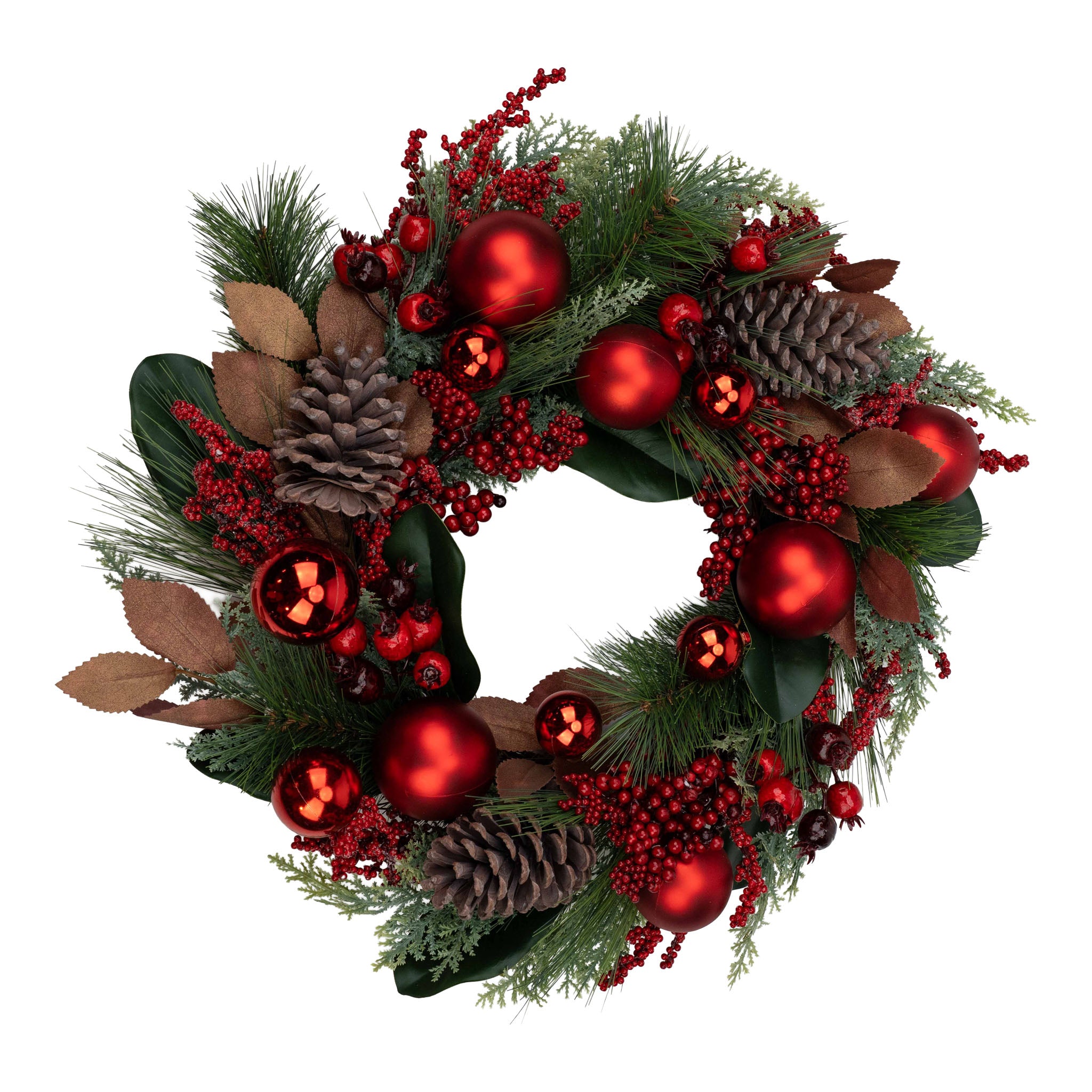 55cm Red Berry Pinecone Iced Bauble Wreath - Seasonal Decor