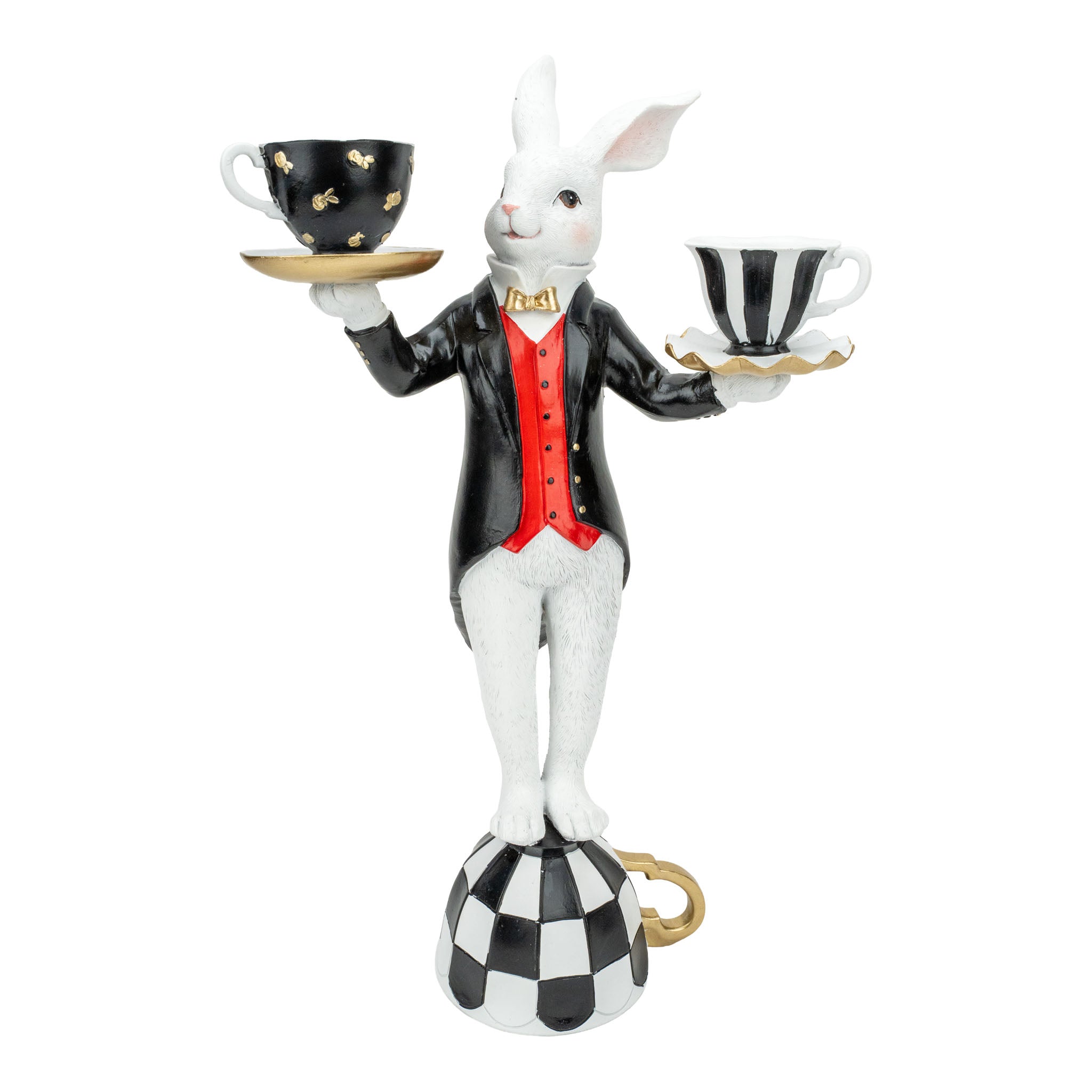 Red Luxe Mr Bunny Holding Teacups - Seasonal Decor