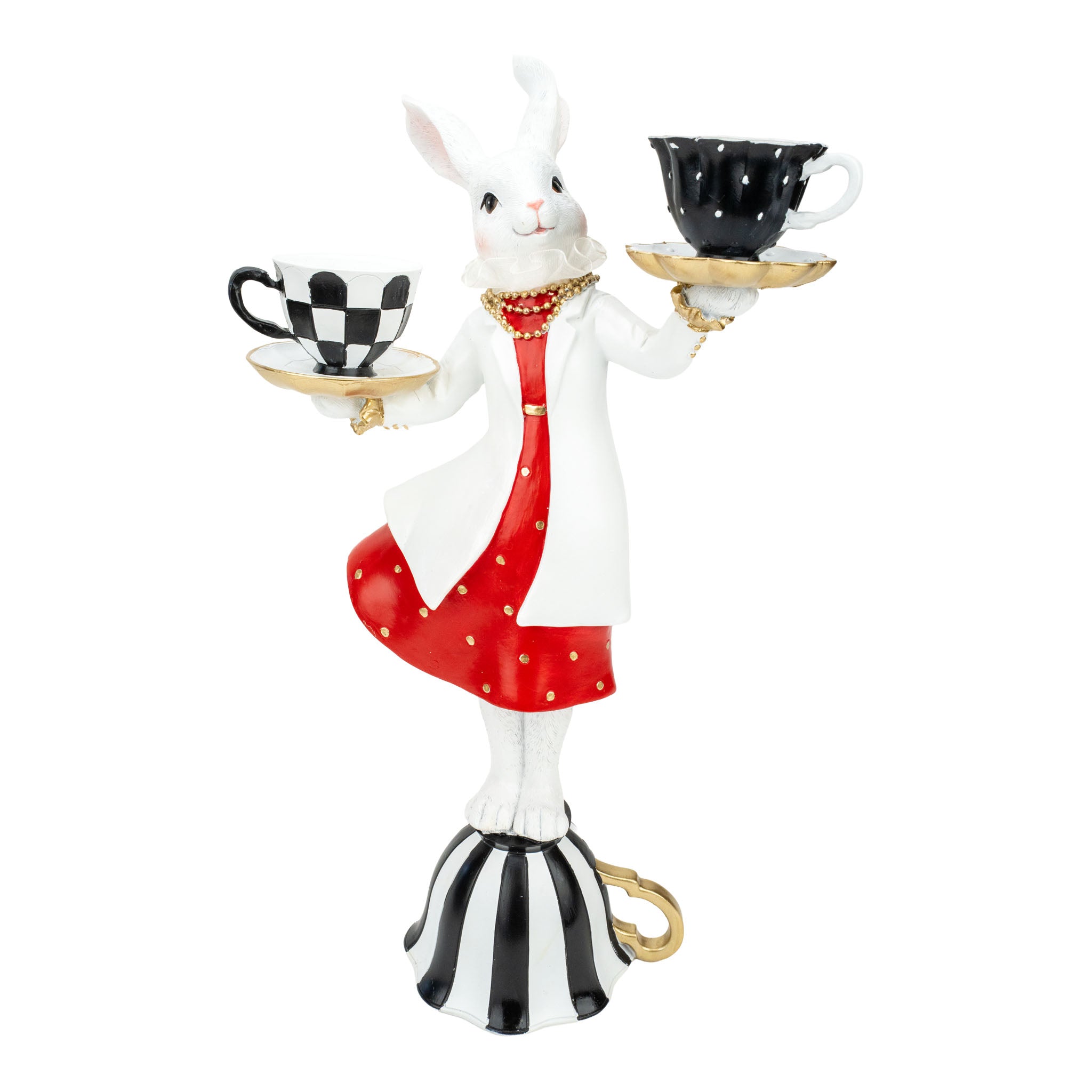 Red Luxe Mrs Bunny Holding Teacups - Seasonal Decor