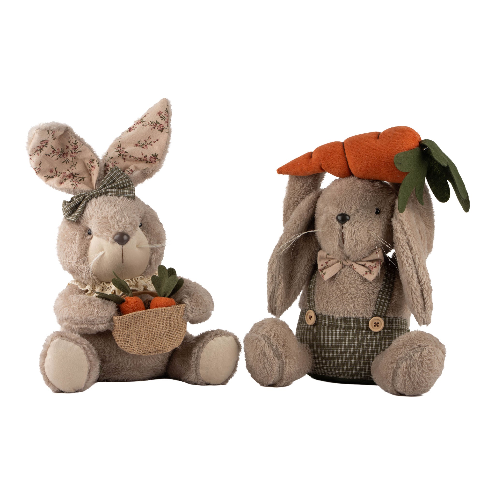 33cm Assorted 'The Carrot Patch Family' His & Her Sitting Plush Country Bunnies - Seasonal Decor