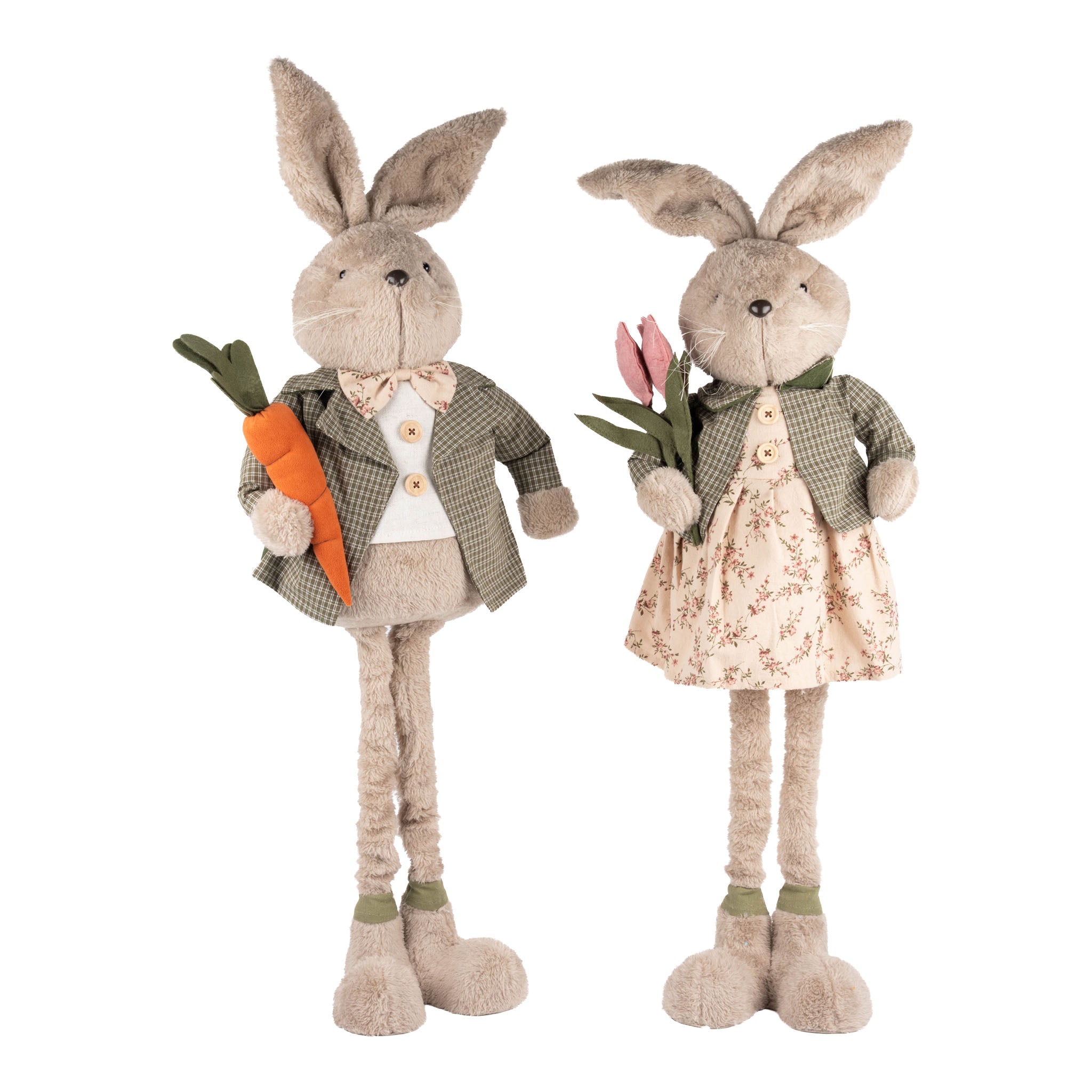 85cm Assorted 'The Fluffingtons' His and Her Standing Telescopic Plush Country Bunnies - Seasonal Decor