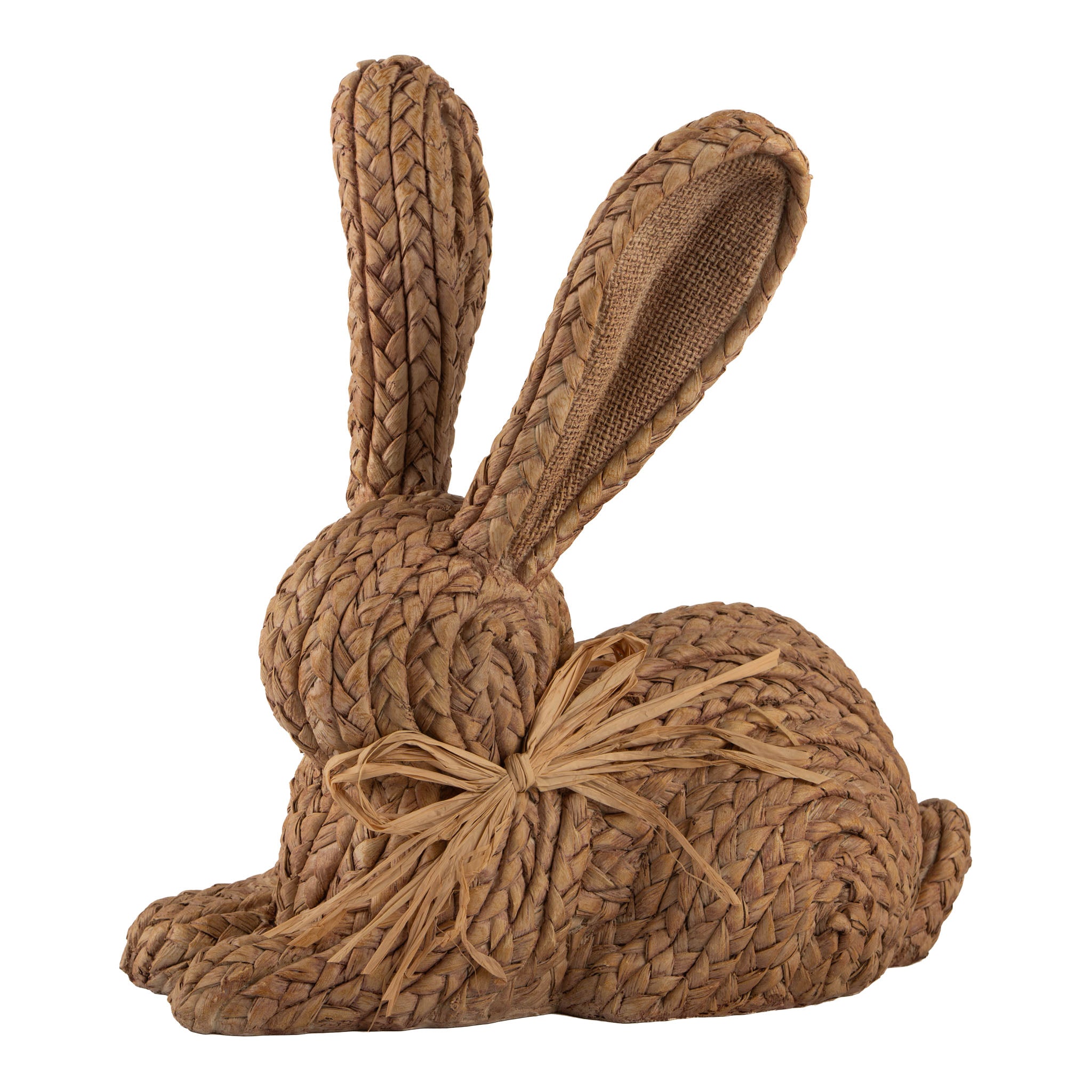 28cm Woven Look Natural Laying Bunny with Bow - Seasonal Decor