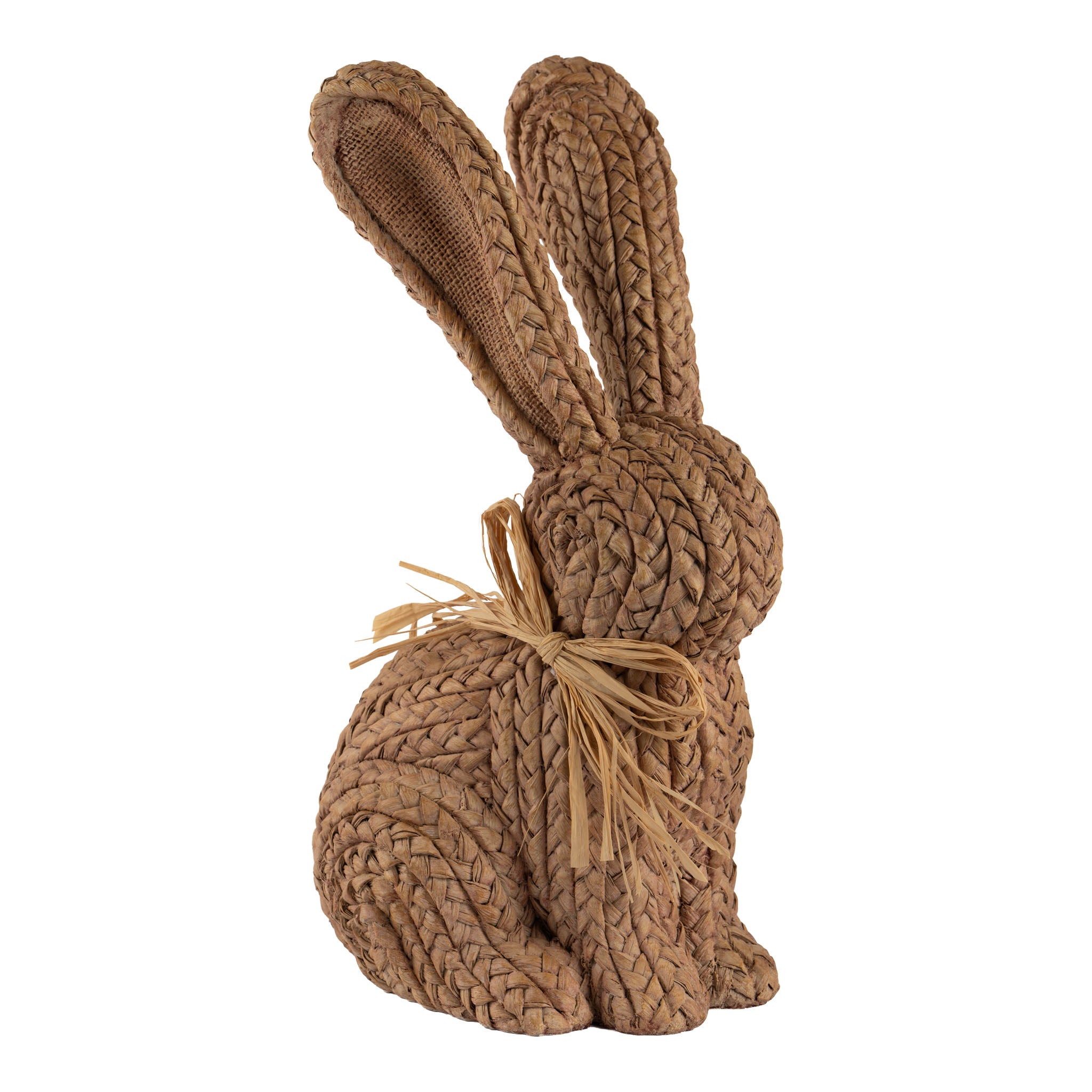 35cm Woven Look Natural Sitting Bunny with Bow - Seasonal Decor