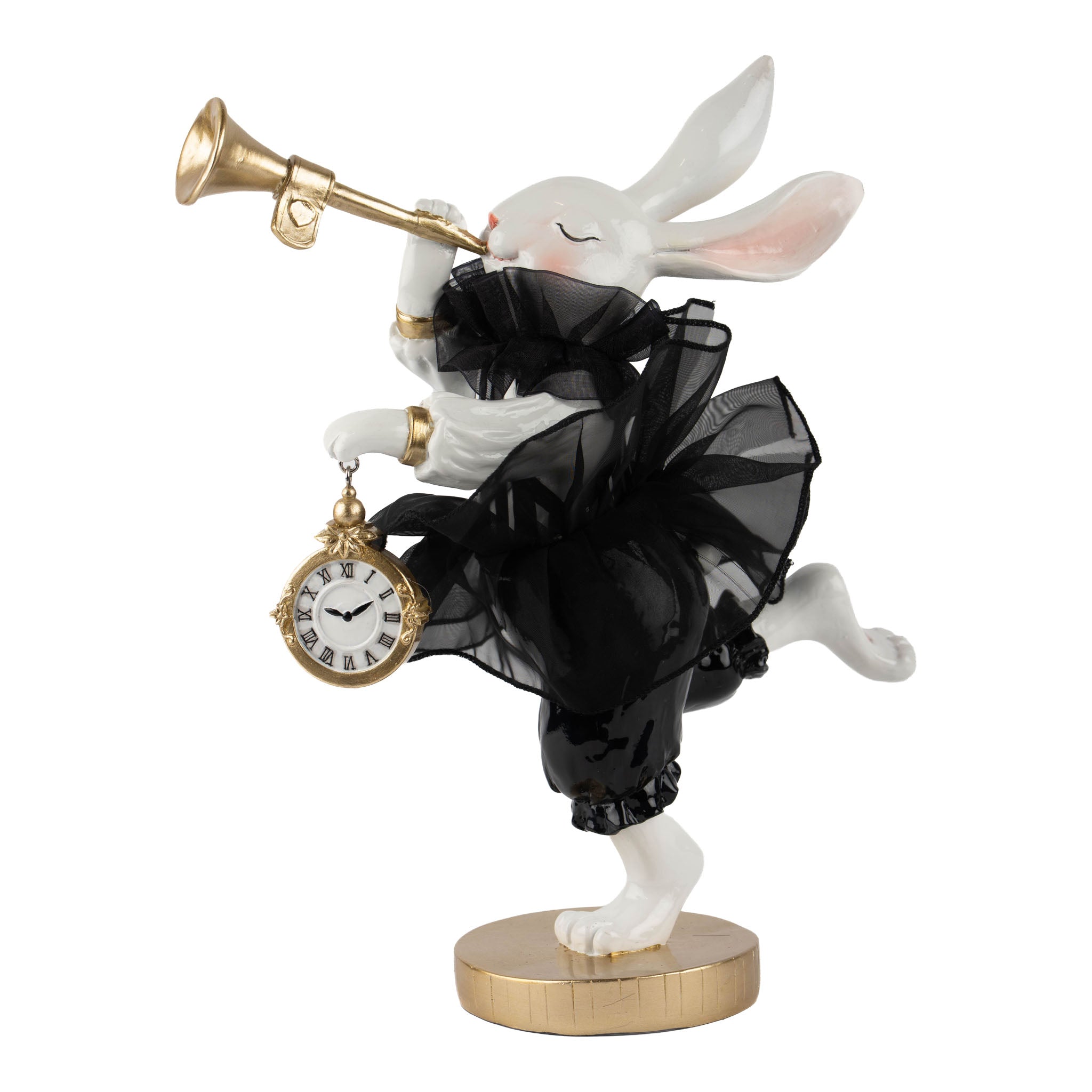 30cm Elegant Trumpeting Black, White & Gold Bunny with Watch Fob - Seasonal Decor