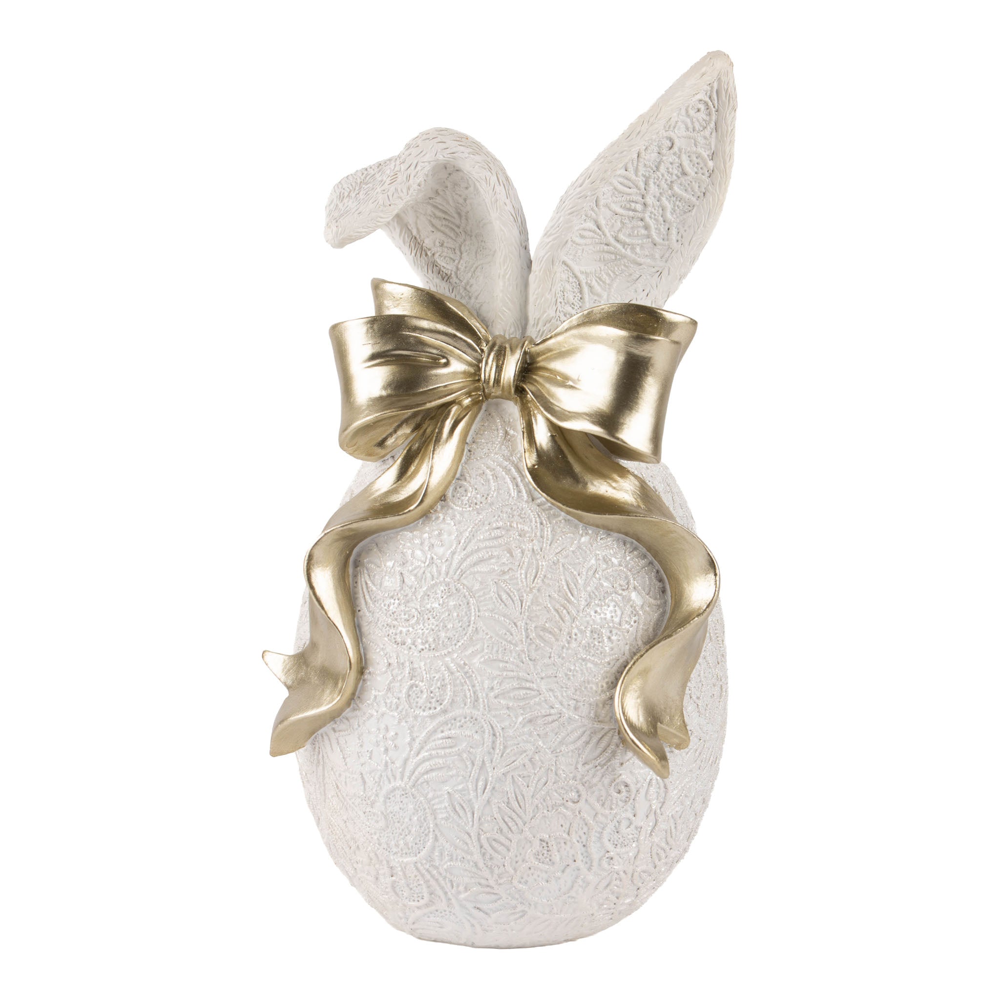 20cm White Bunny Ears Egg with Gold Bow - Seasonal Decor