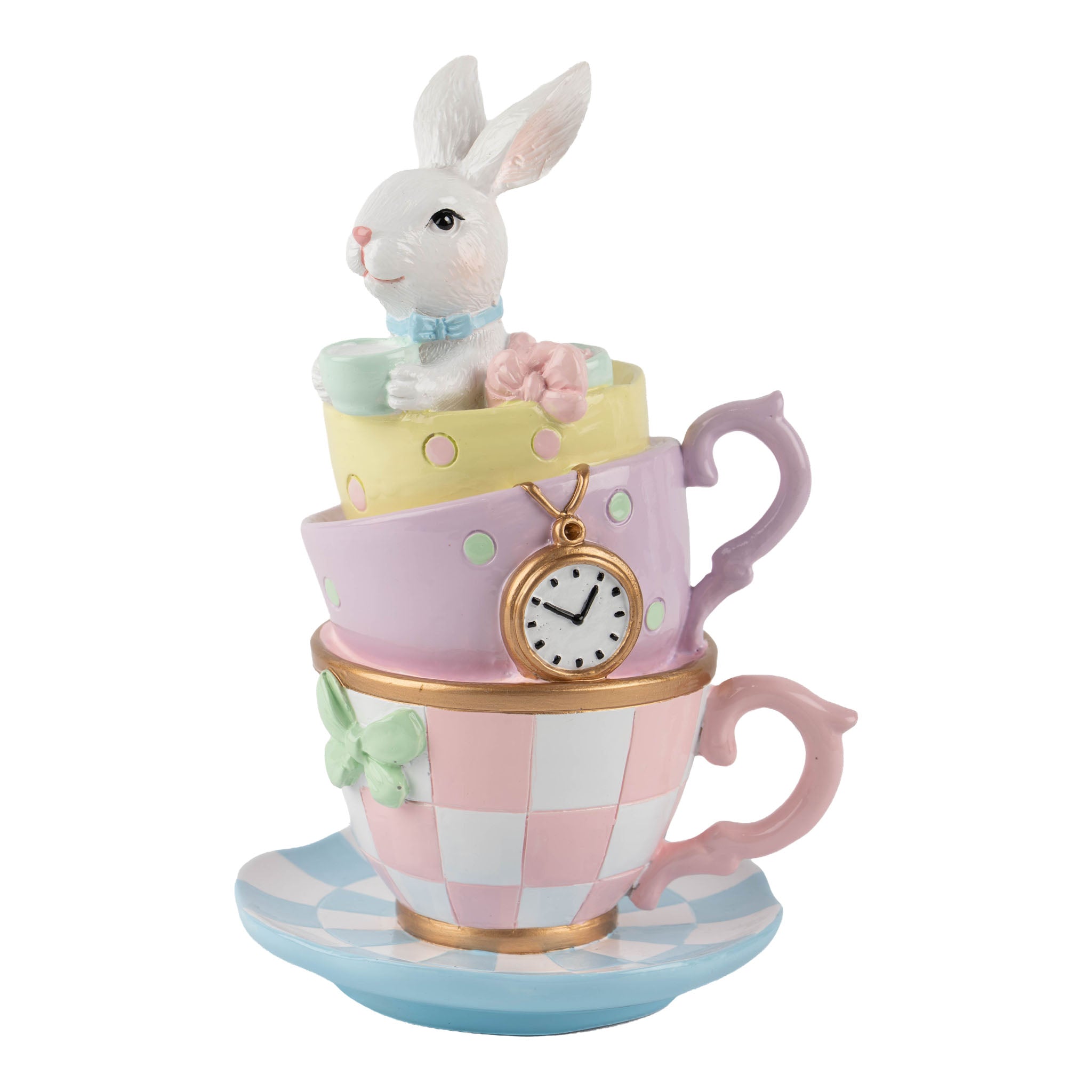 18cm Pastel Tea Cup Stack Bunny - Seasonal Decor