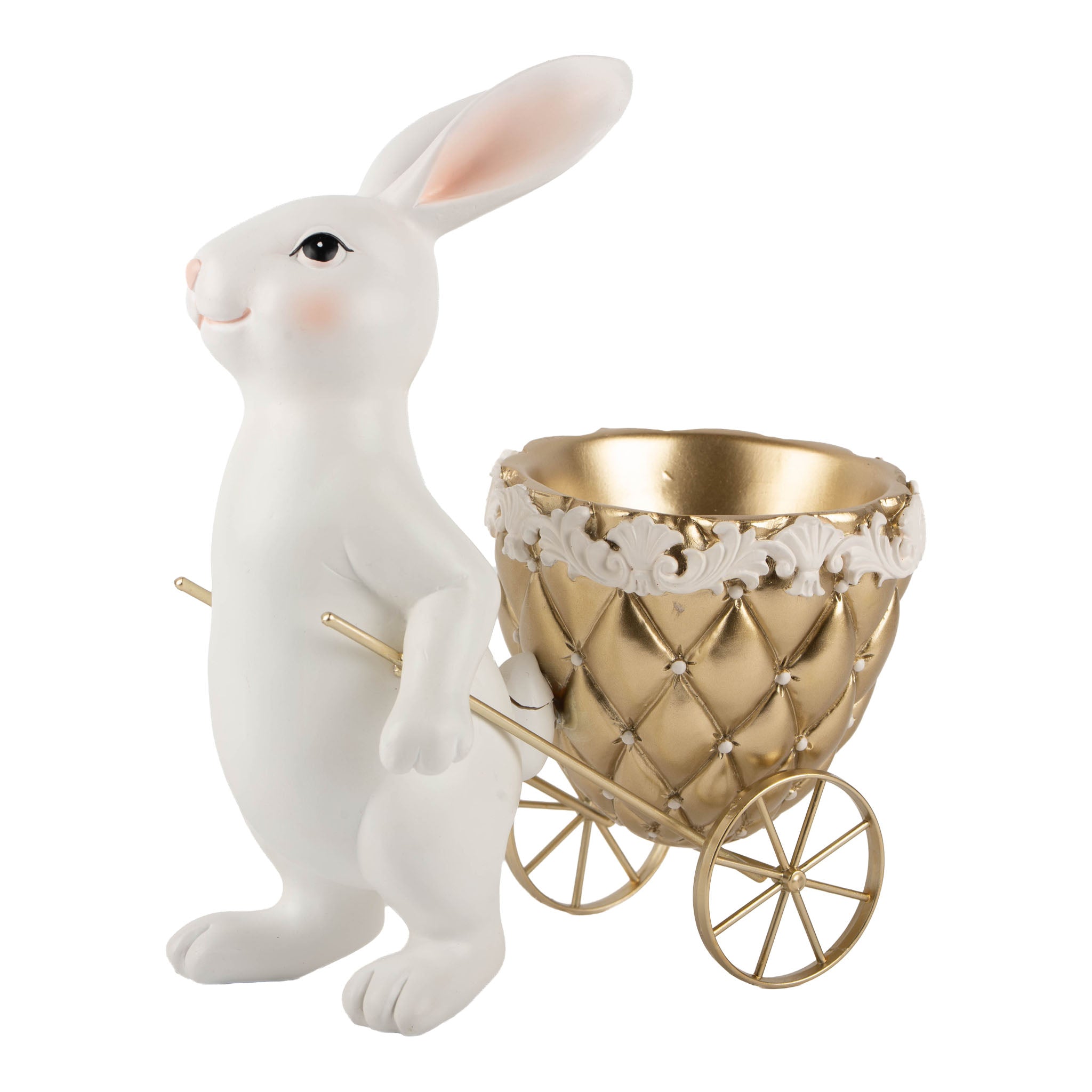 22cm Ivory Bunny Pulling Champagne and Ivory Tufted Cart - Seasonal Decor