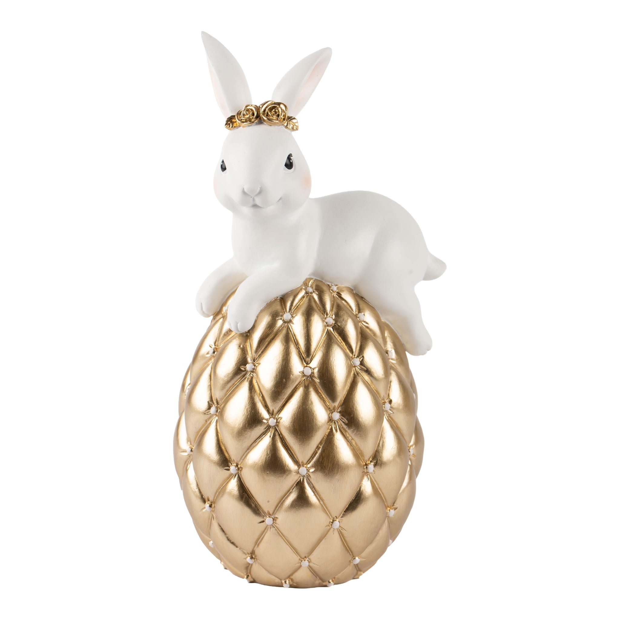 22cm Lying White Bunny on Champagne Tufted Egg - Seasonal Decor