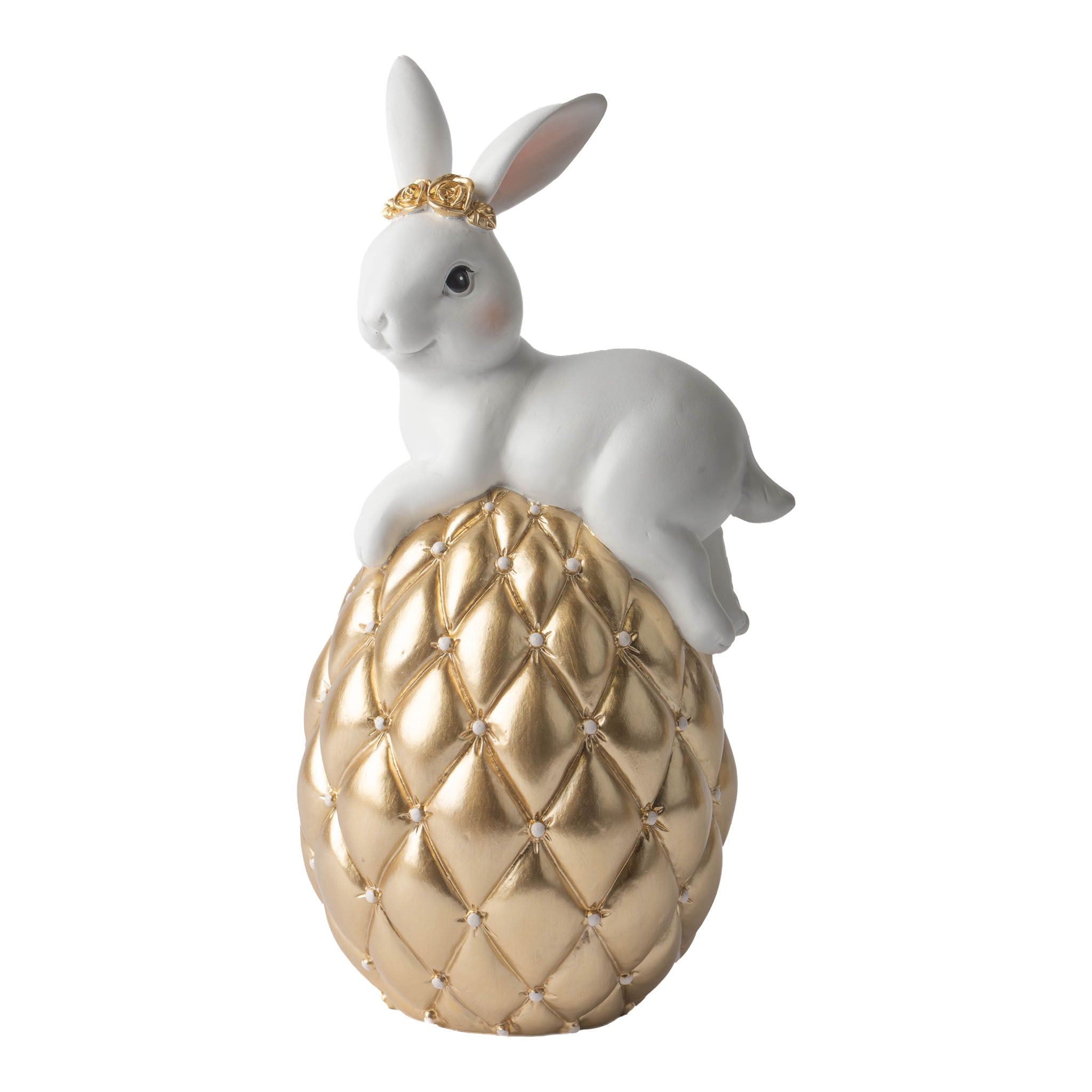 22cm Lying White Bunny on Champagne Tufted Egg - Seasonal Decor