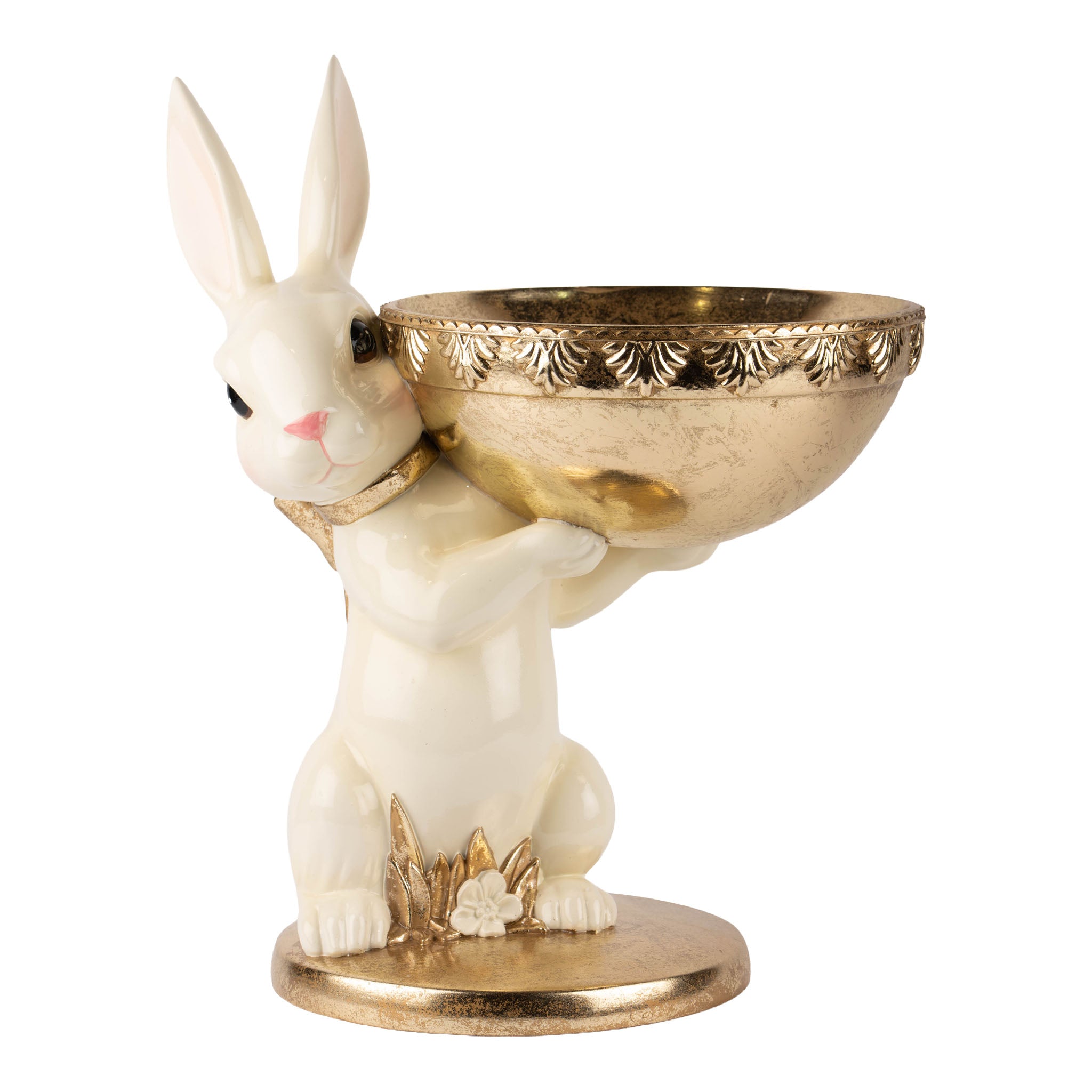 41cm Ivory and Gold Bunny W/Bowl - Seasonal Decor