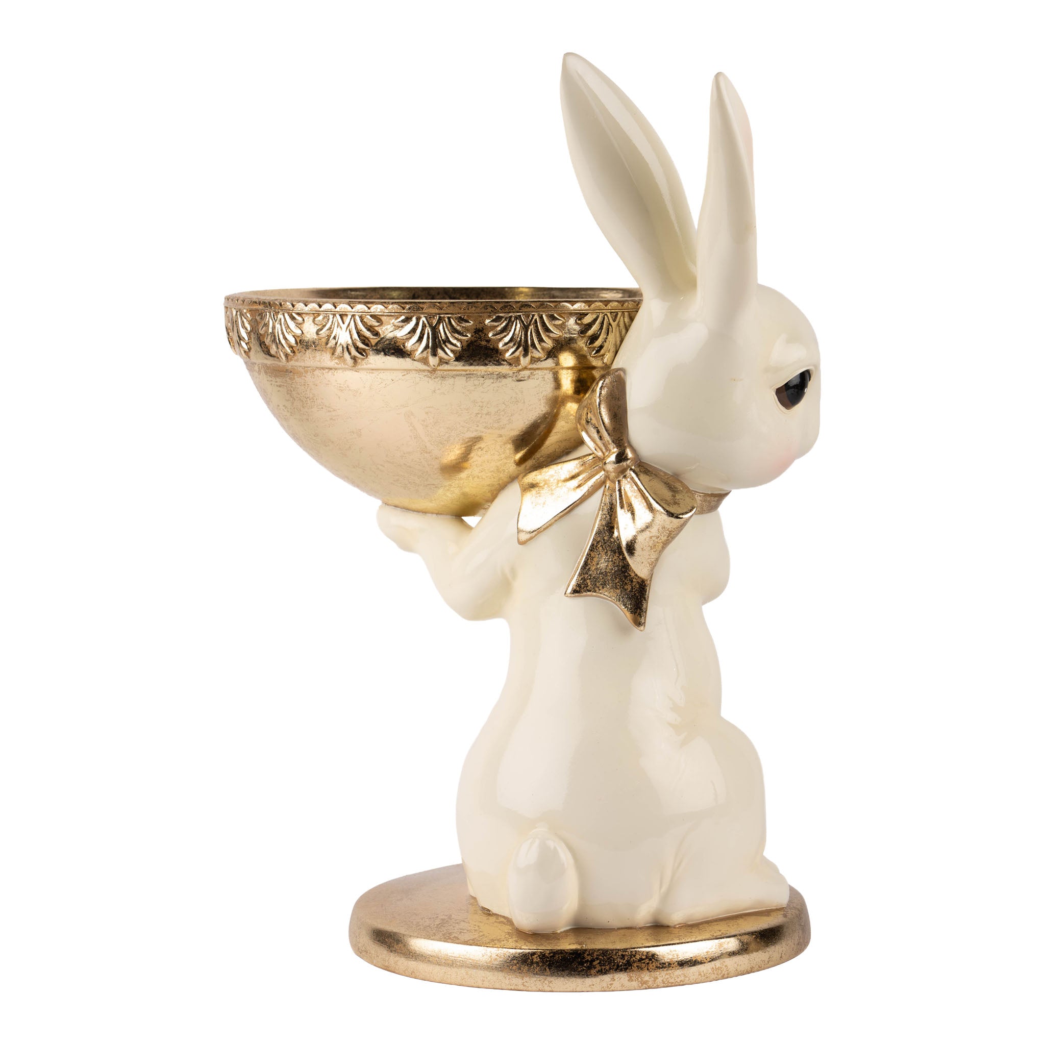 41cm Ivory and Gold Bunny W/Bowl - Seasonal Decor