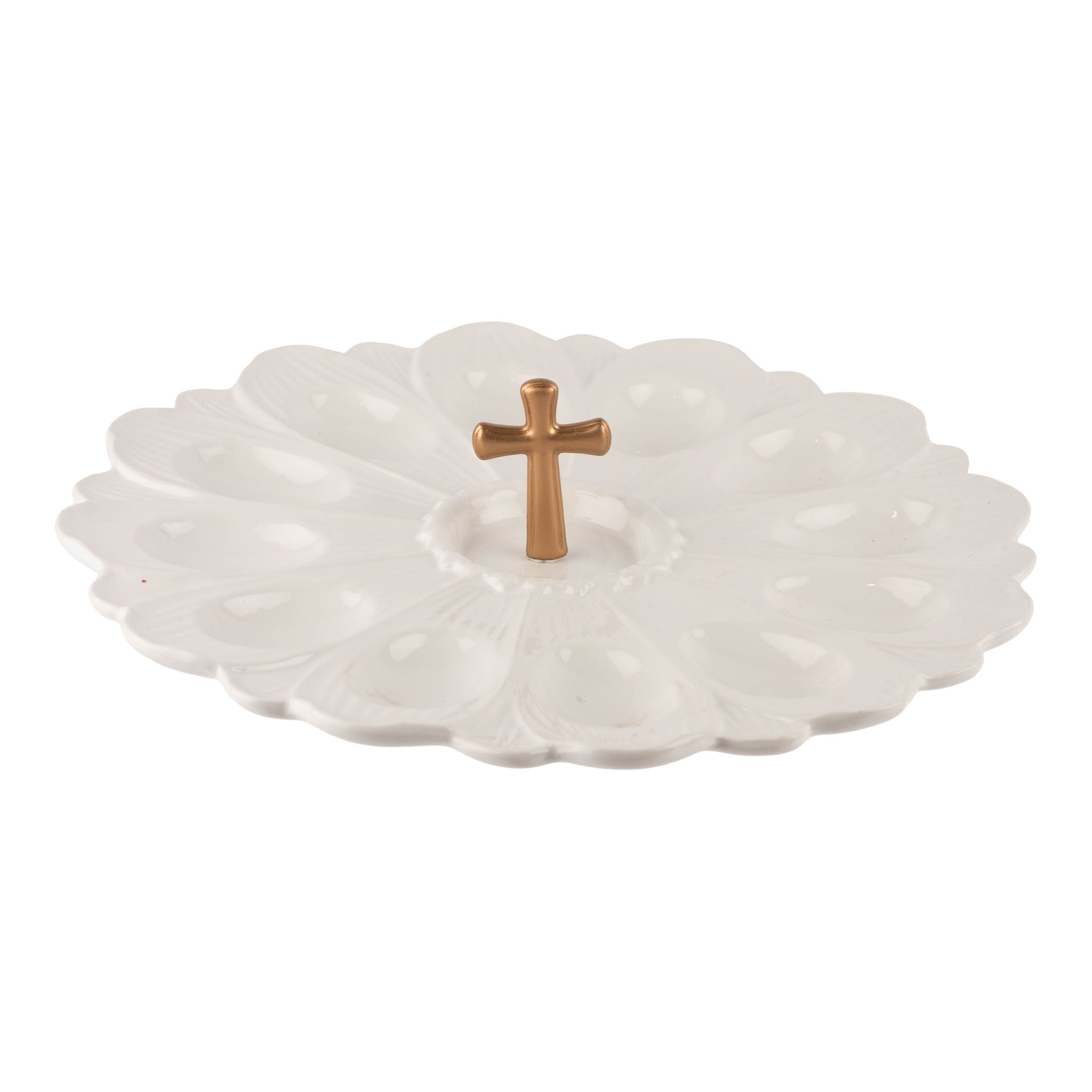 30cm White Daisy Egg Plate with Gold Cross - Seasonal Decor