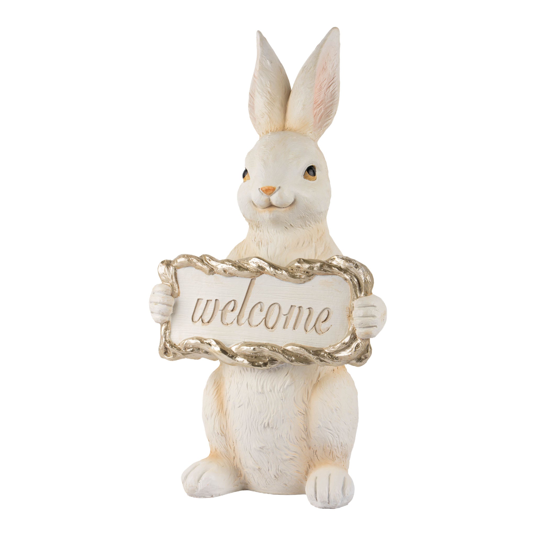 50cm Standing Ivory Bunny Holding Gold Welcome Sign - Seasonal Decor