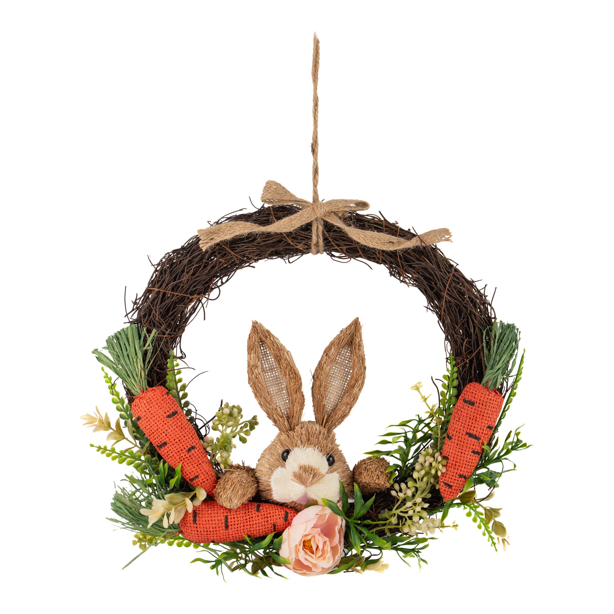 35cm Natural Bunny and Carrot Hanging Wreath - Seasonal Decor