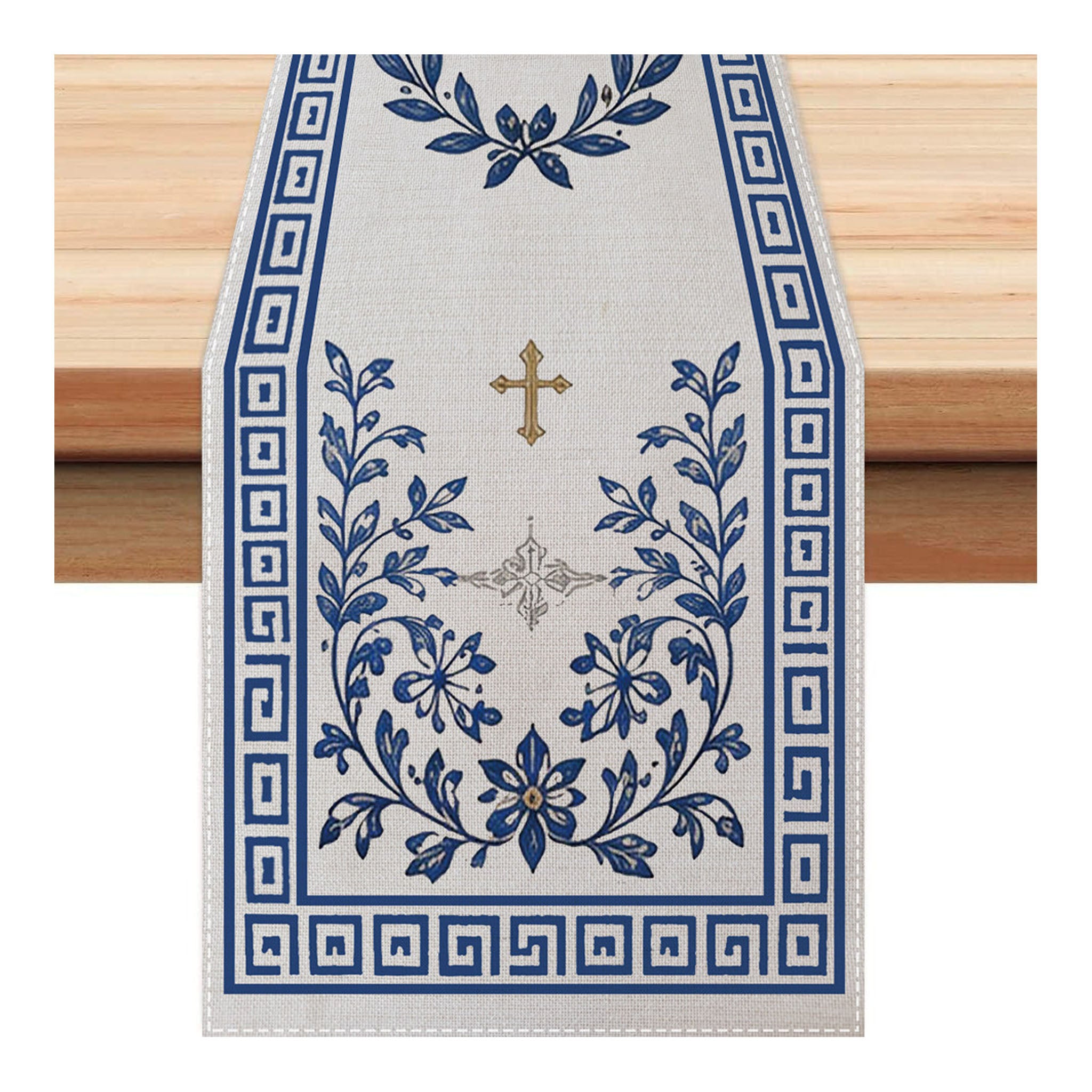 Traditional Greek Easter Olive Branch Blue Table Runner - Seasonal Decor