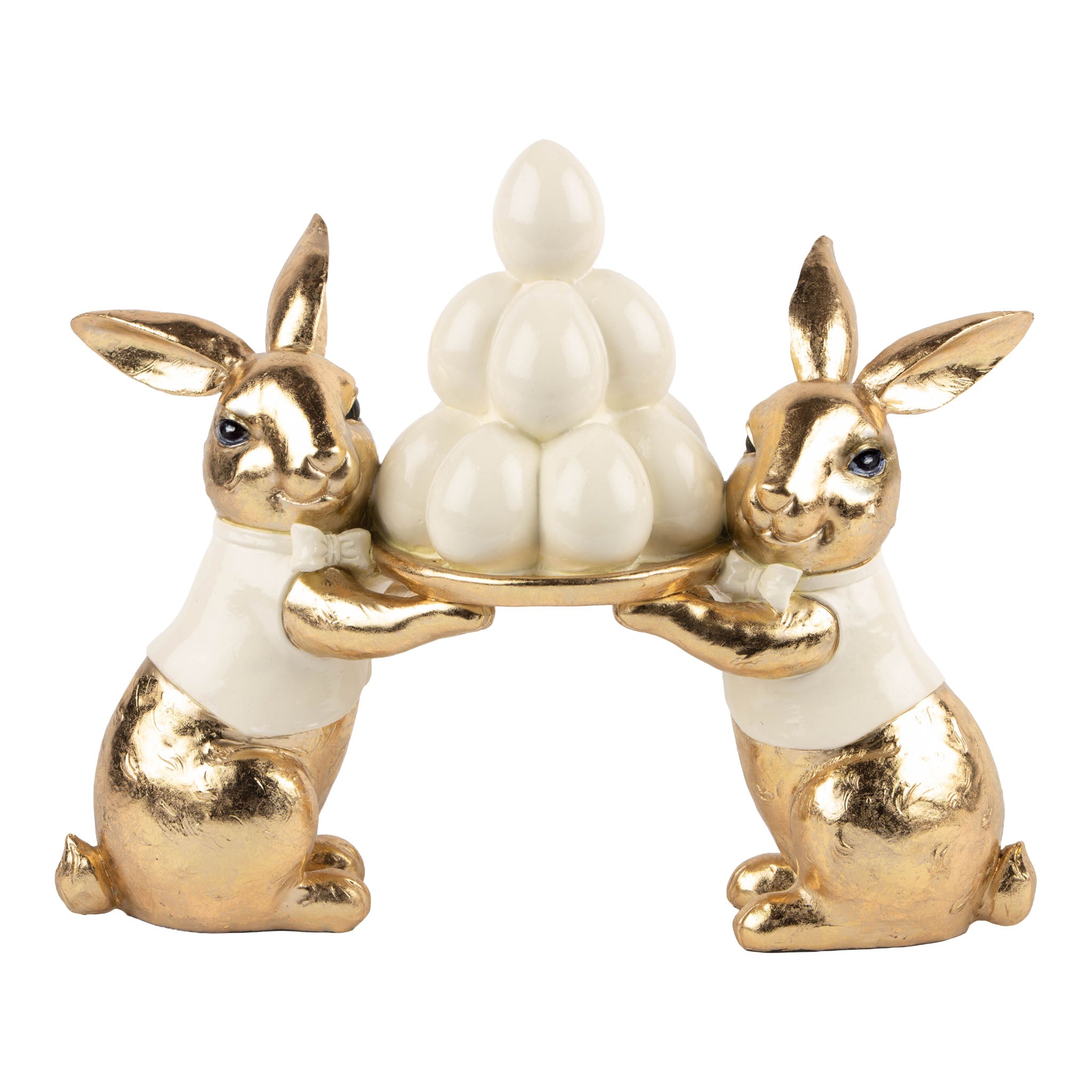 24cm Luxe Ivory and Gold Bunnies holding Egg Plate - Seasonal Decor