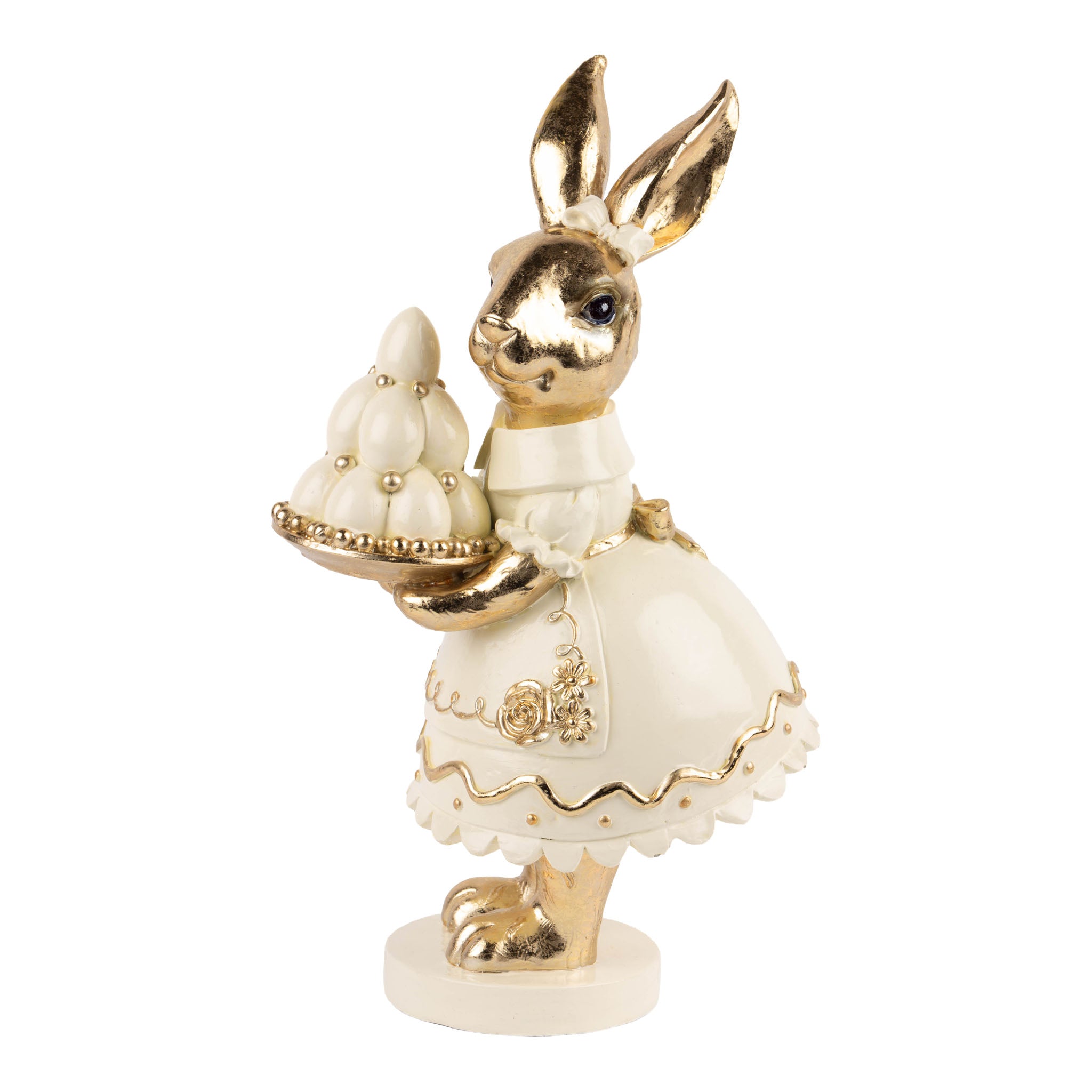 28cm Luxe Ivory and Gold Lady Bunny Holding Eggs - Seasonal Decor