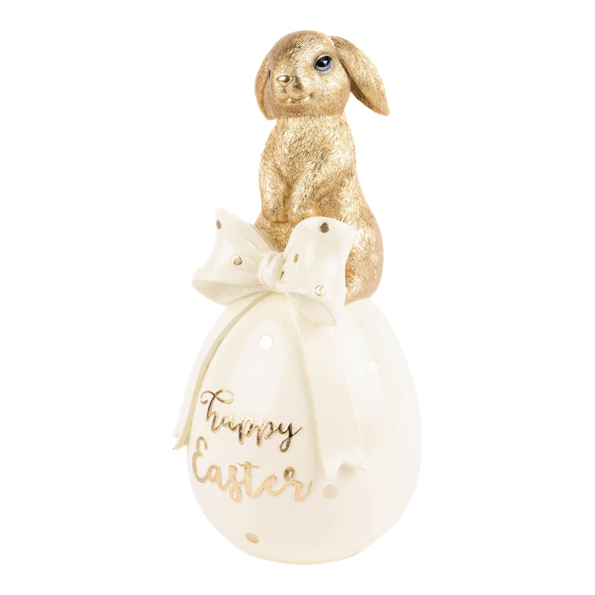 26cm Luxe Ivory and Gold Bunny on Ribbon Egg - Seasonal Decor