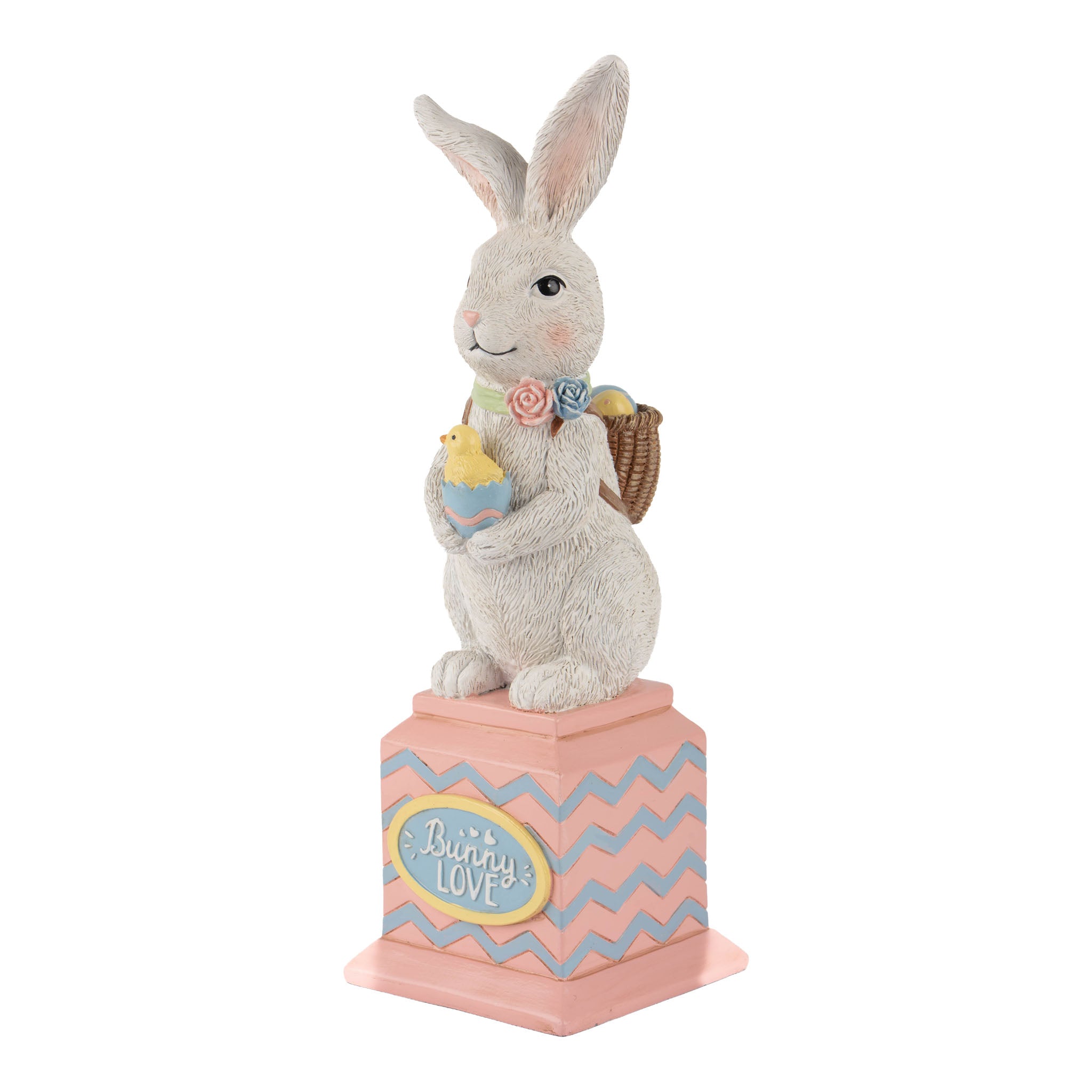 27cm Pastel Bunny holding Chick Pedestal - Seasonal Decor