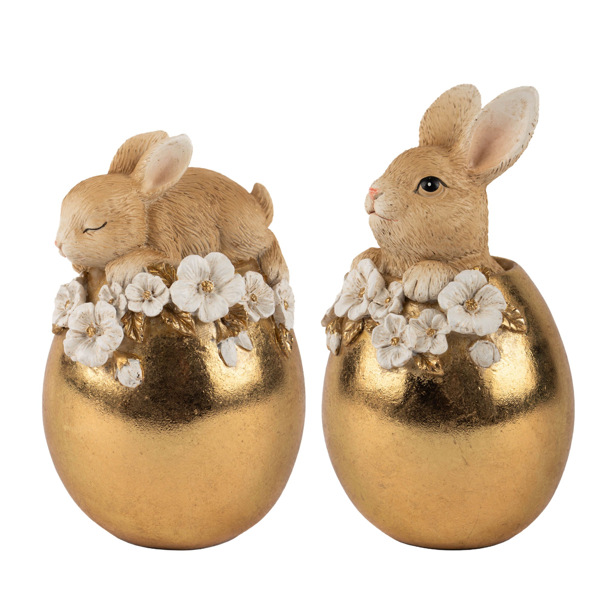 12cm Assorted Gold Bunny Egg with White Flowers - Seasonal Decor