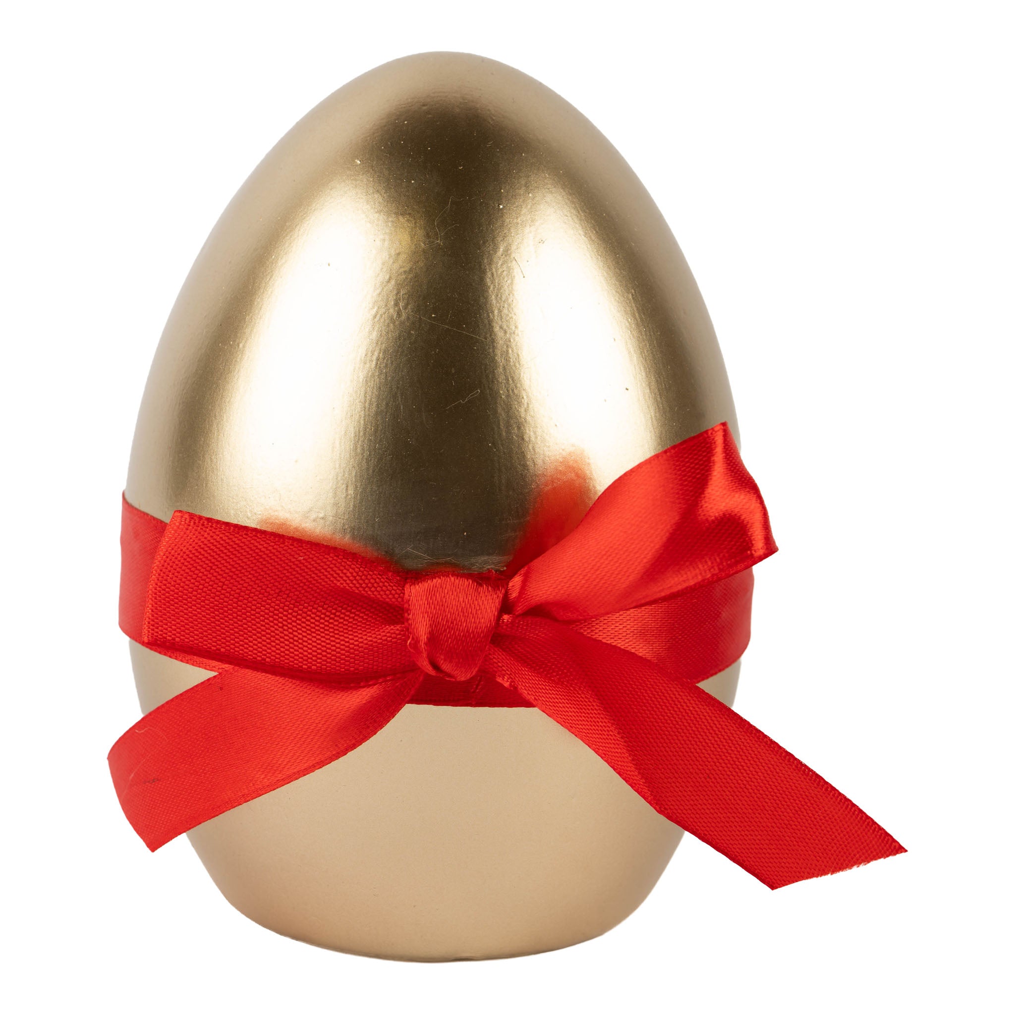 14cm Smooth Gold Egg with Red Ribbon - Seasonal Decor